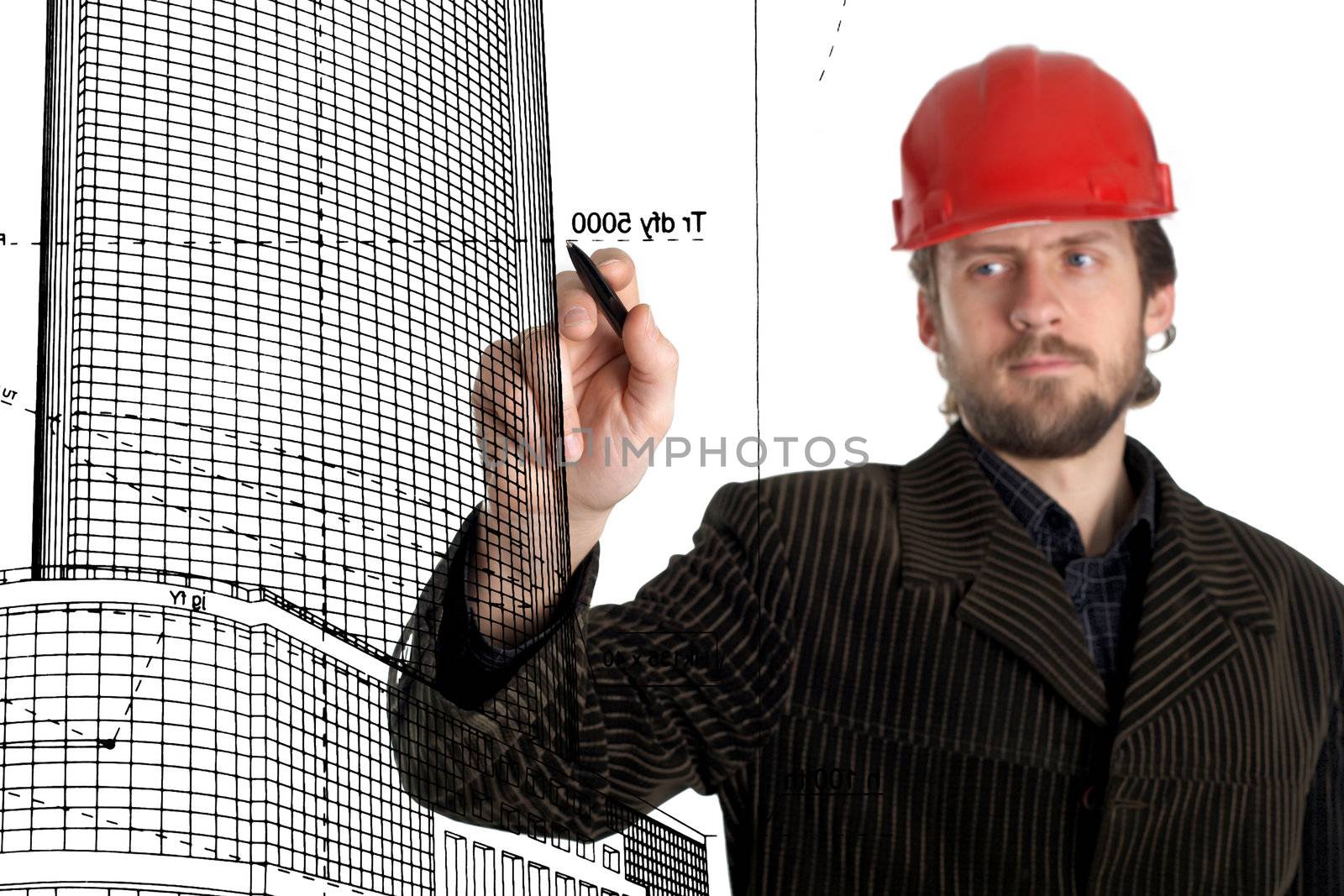 An image of constructor in a rad helmet drawing with a pen