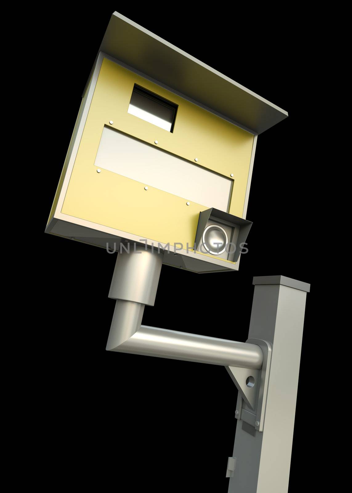 Yellow speed camera over black background. 3D render.