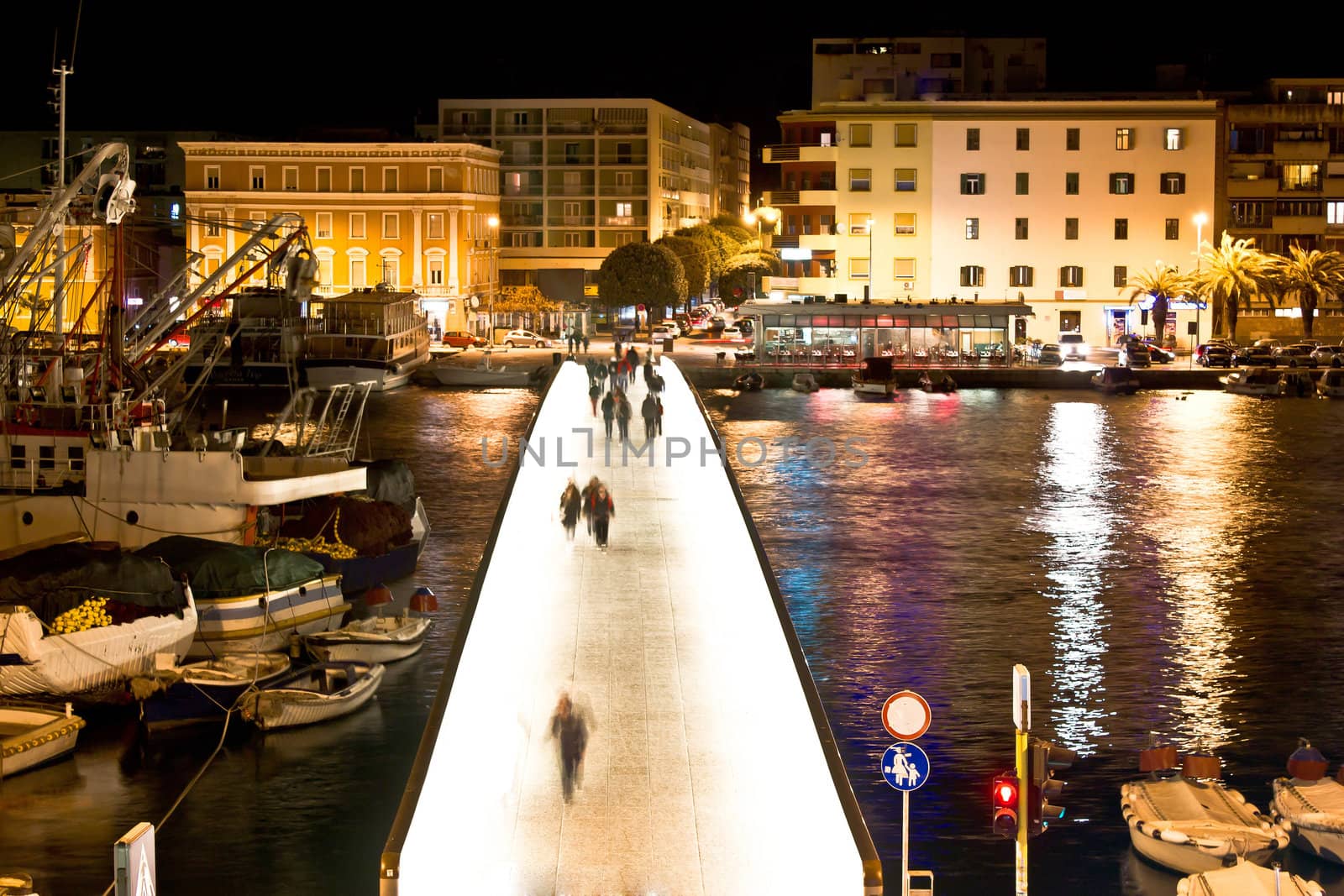 Dalmatian city of Zadar harbor pedestrian bridge at night