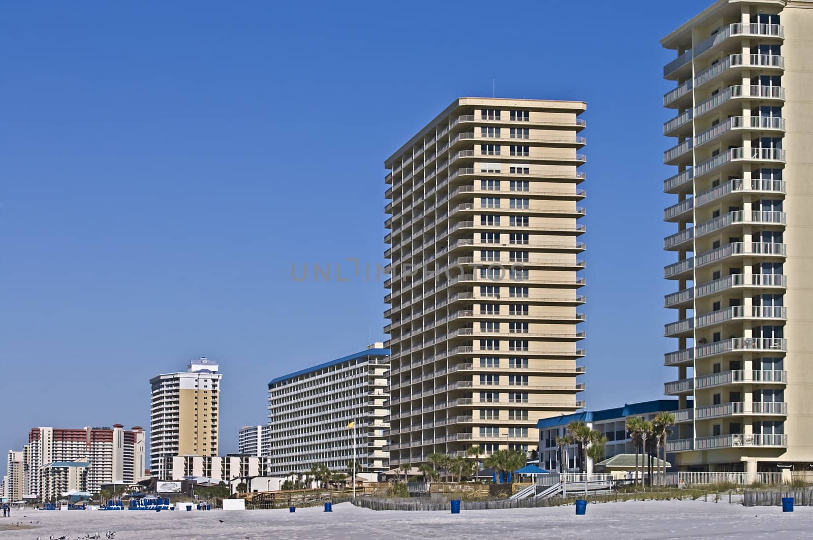 Cobdominiums in a row along the beach in Panama City Beach, Florida.