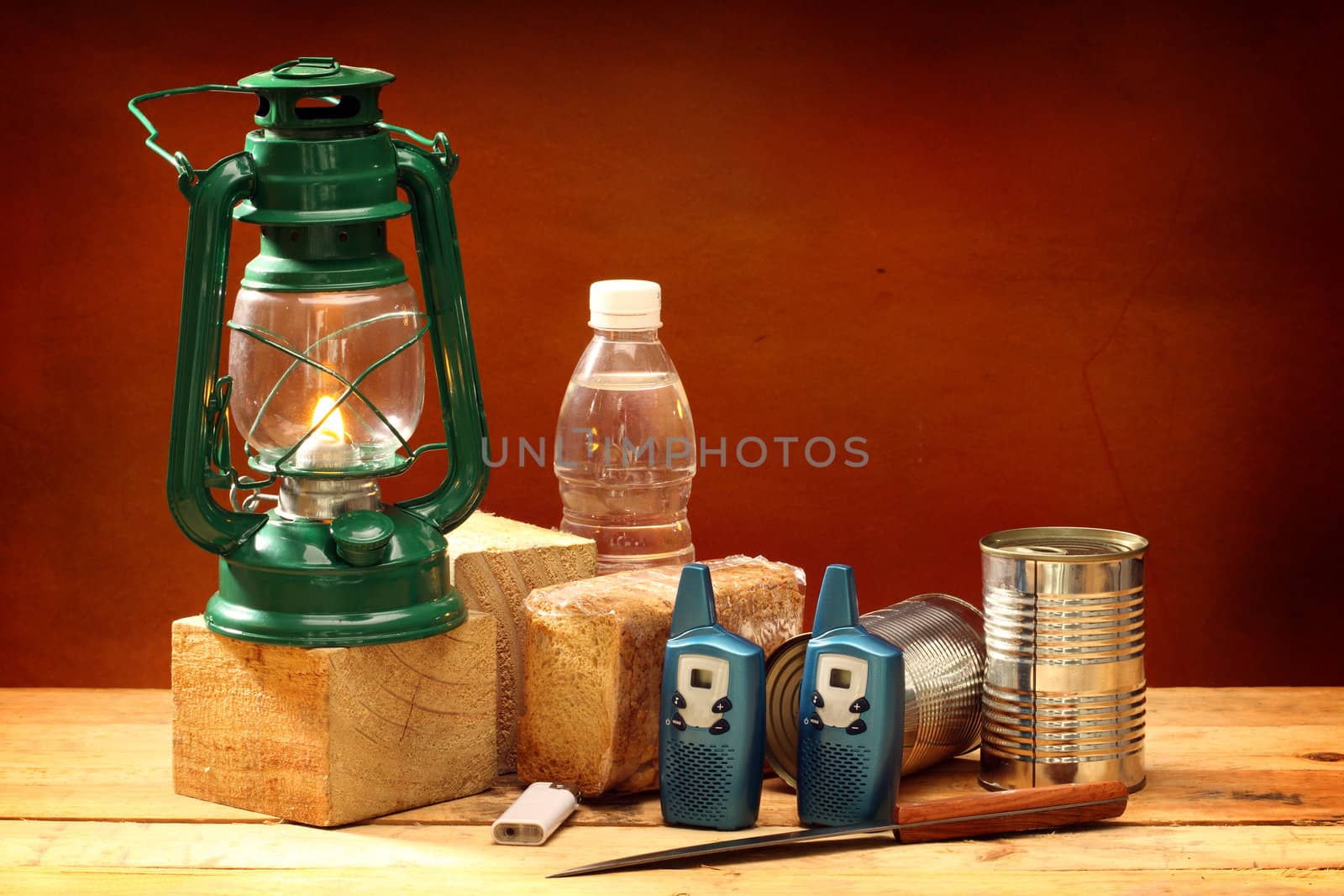 Items for emergency on wooden table 