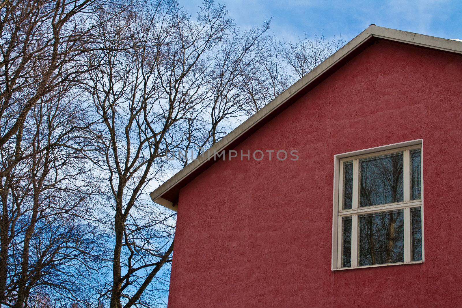 red building and trees