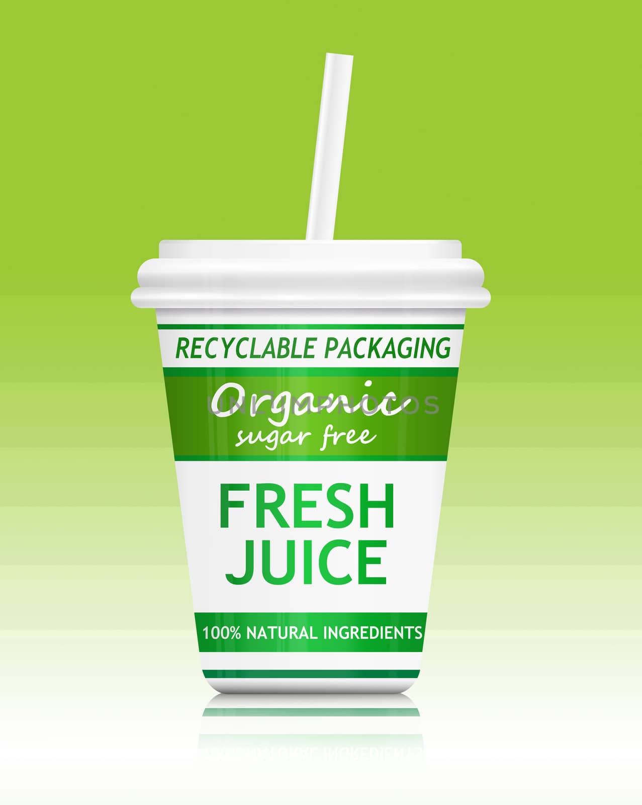 Illustration depicting a fast food drink container with a healthy and environmental concept. Arranged over green gradient.
