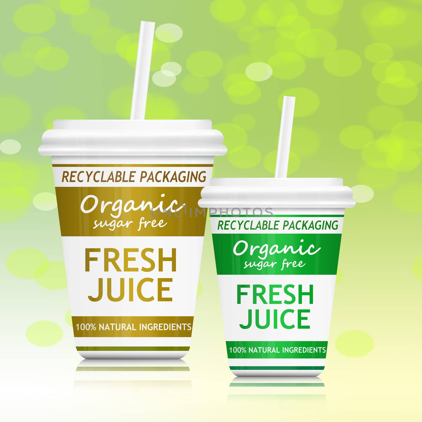 Illustration depicting a fast food drink container with a healthy and environmental concept. Arranged over abstract green and yellow background.