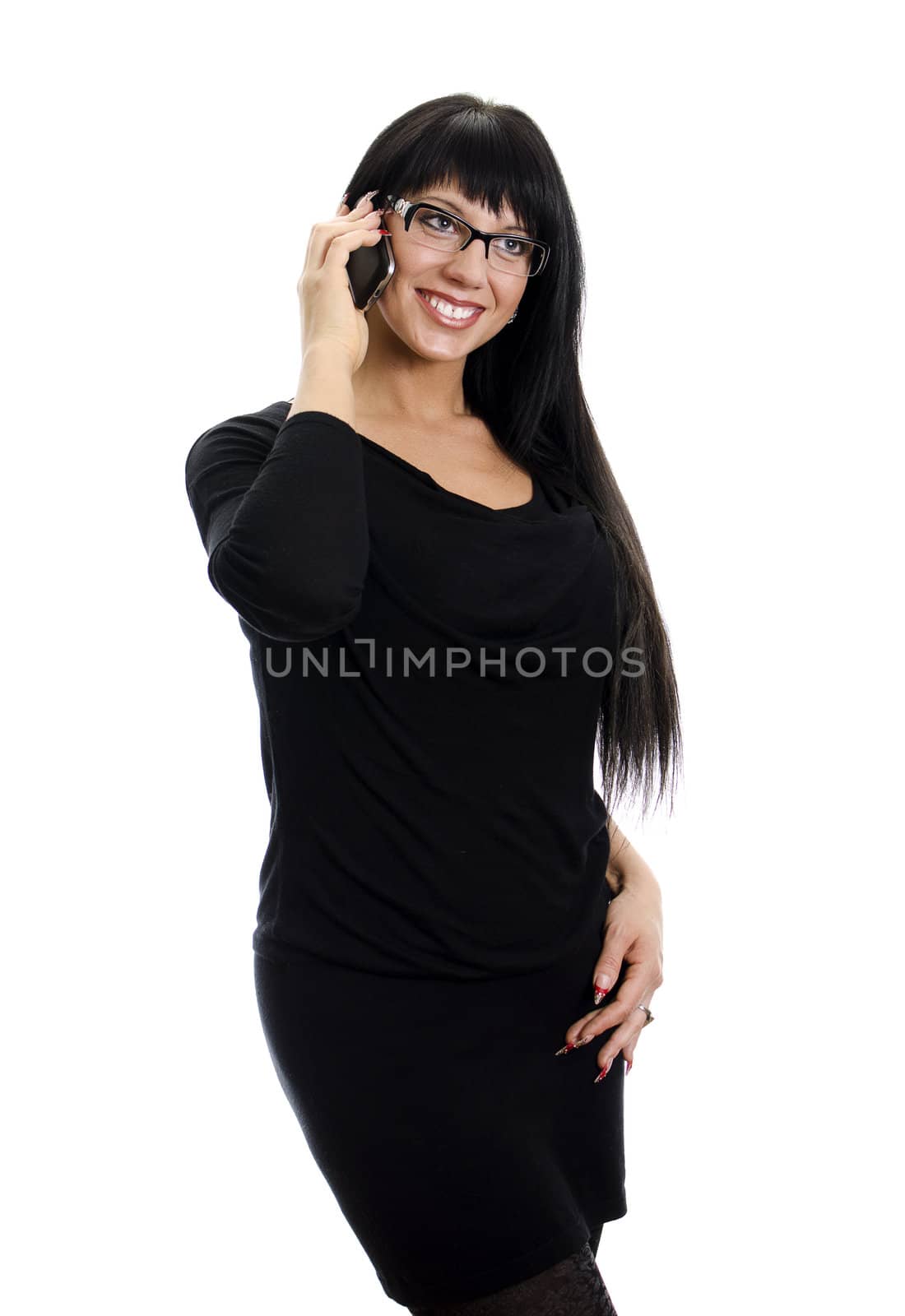 Woman talking by mobile phone. Isolated on white. by dmitrimaruta