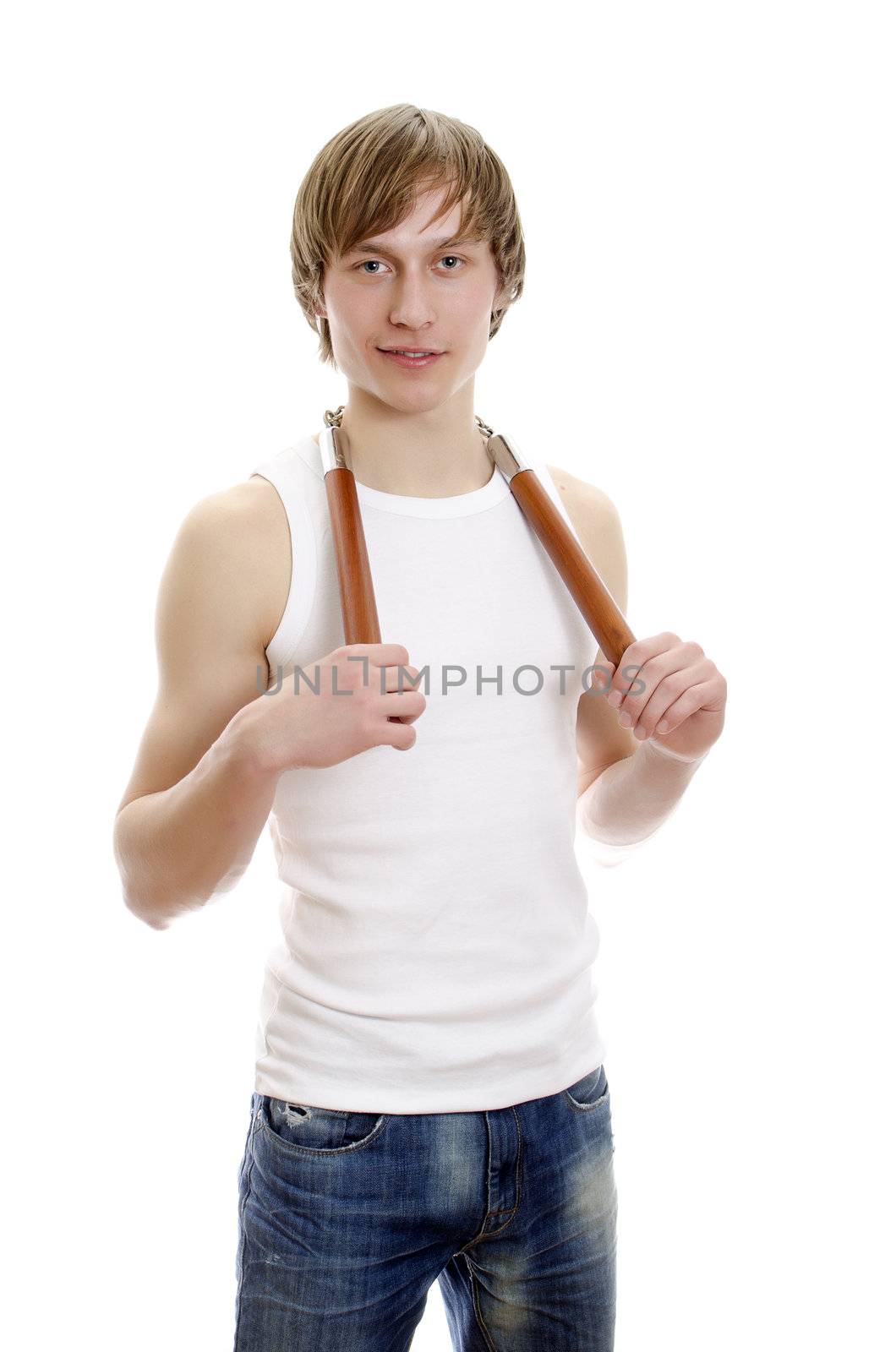 Martial Art. Man with nunchucks. Isolated over white.