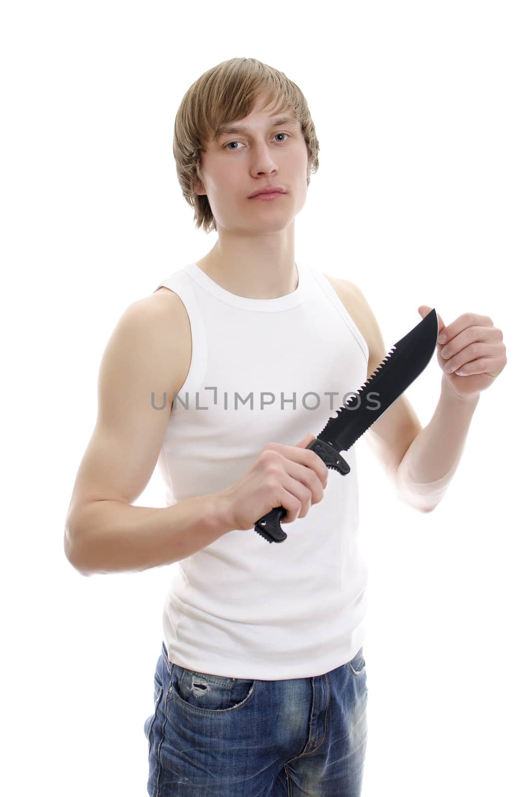 Man with military knife. Isolated on white.