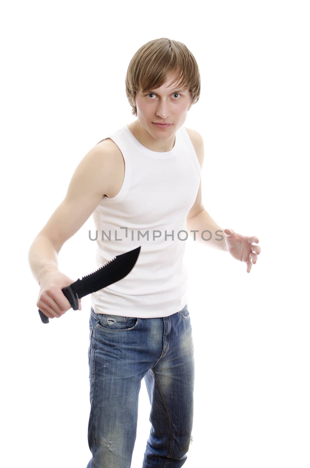 Man with military knife. Isolated on white.