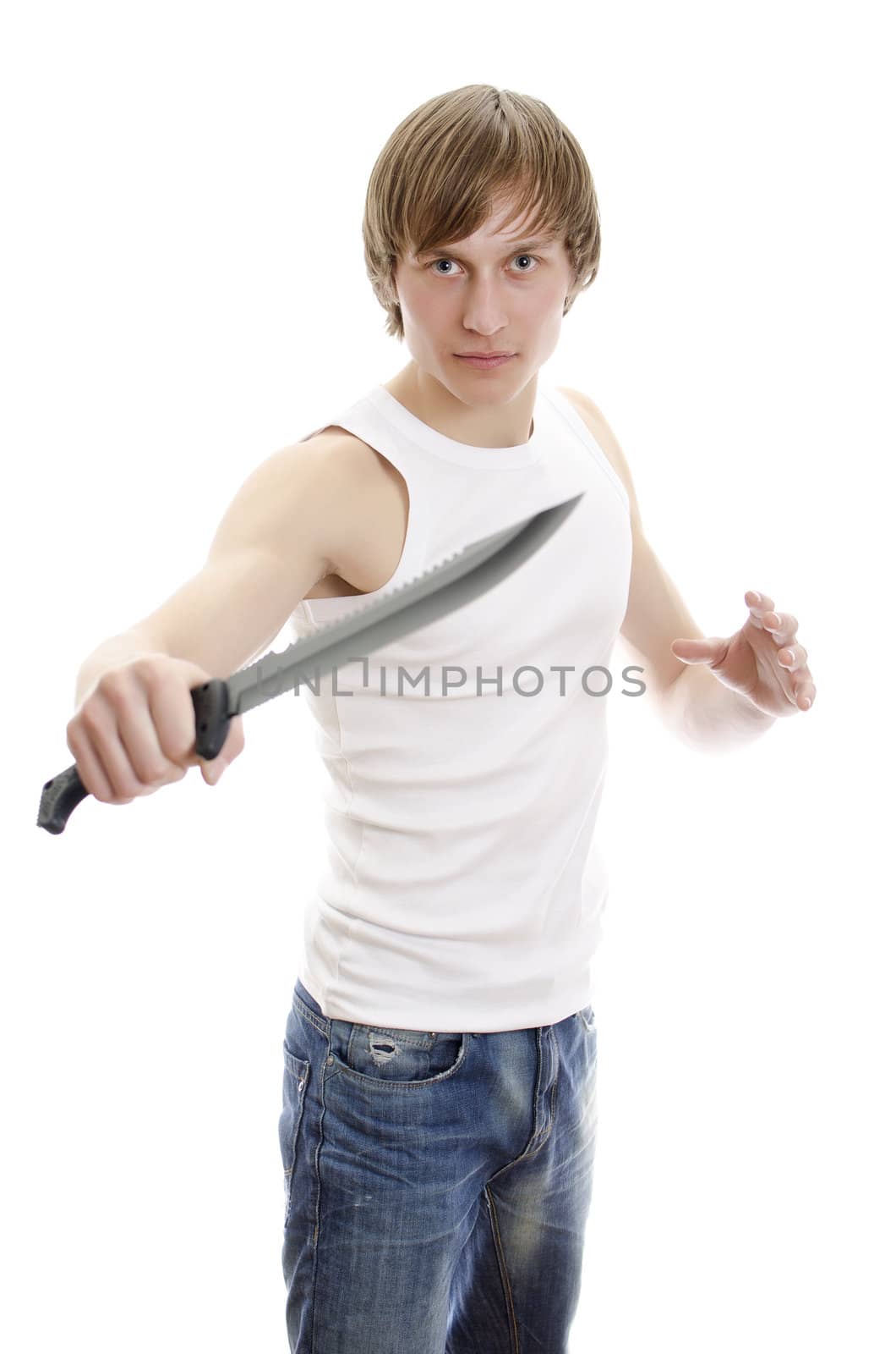 Man with military knife. Isolated on white.