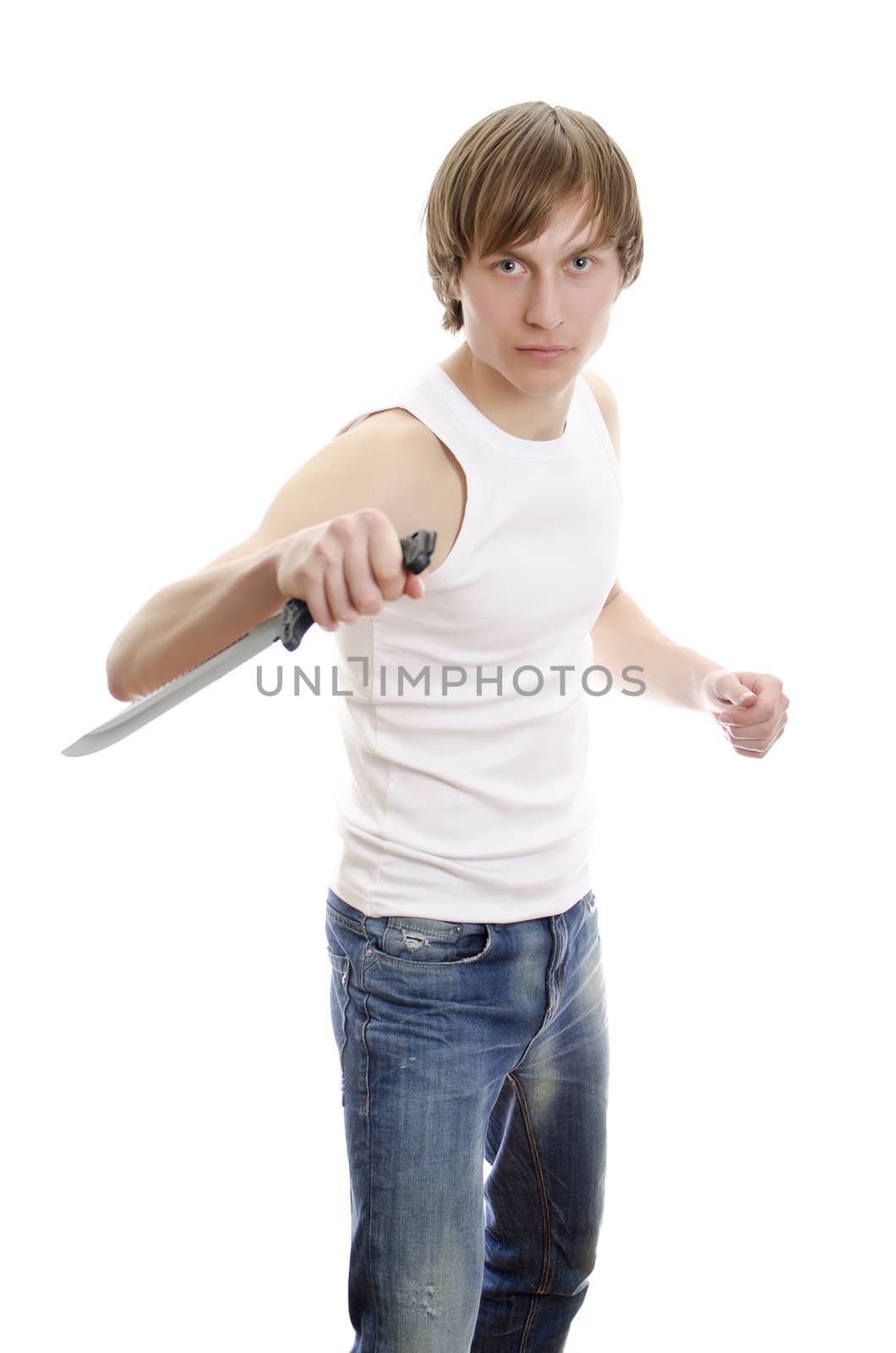 Man with military knife. Isolated on white.