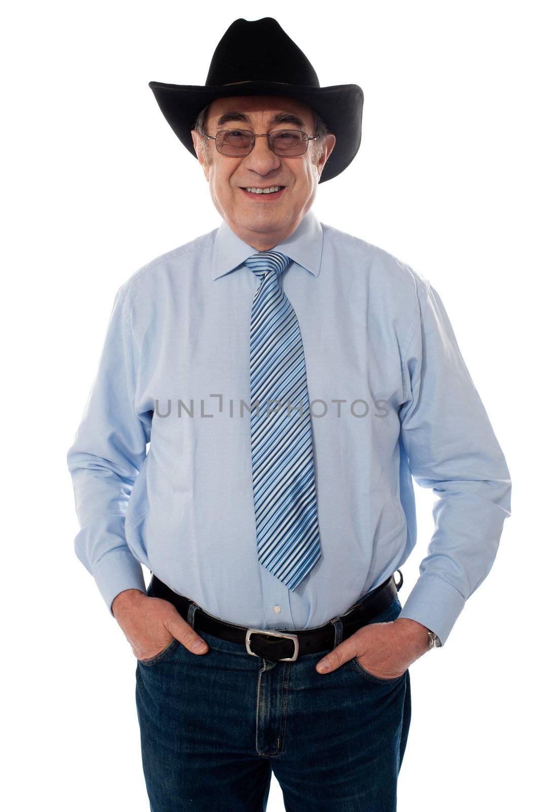 Senior old man wearing a cowboy hat isolated on white