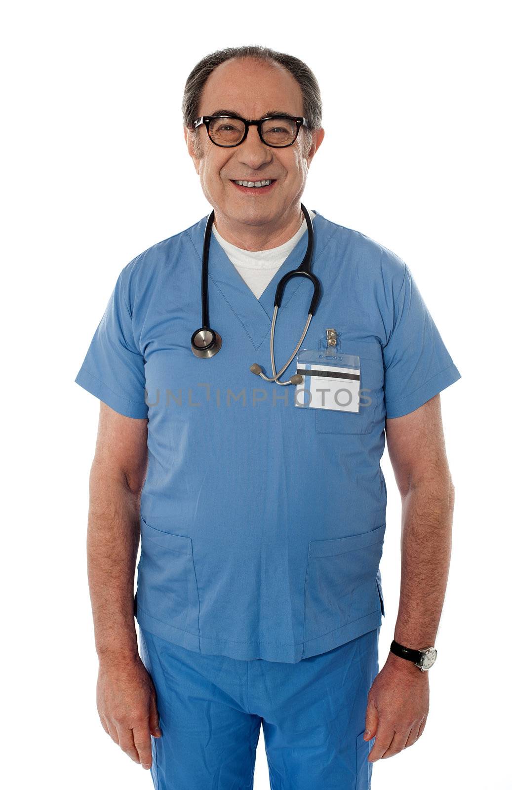 Handsome smiling senior doctor with stethoscope around his neck posing in front of camera