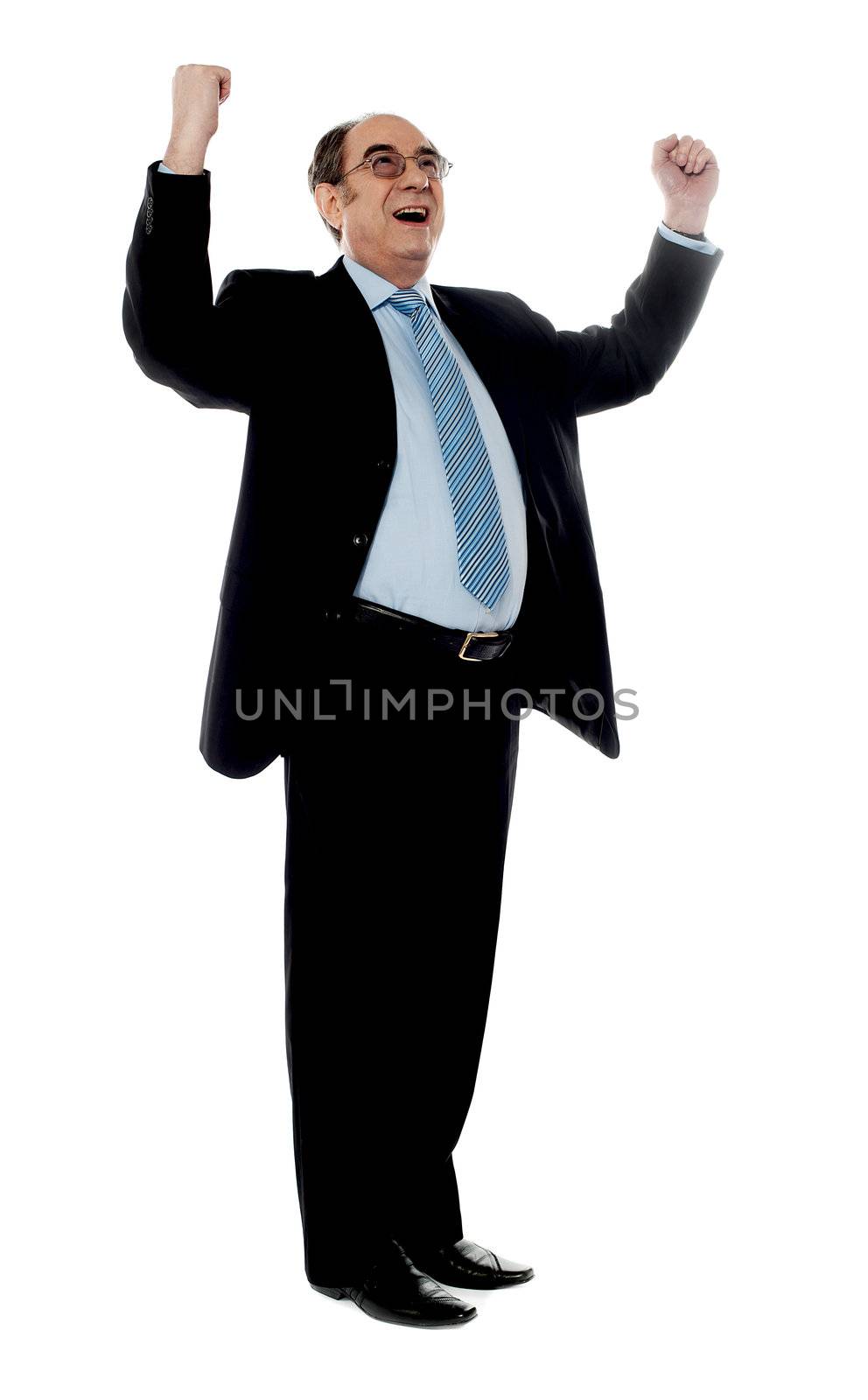 Corporate man standing with arms up against white background