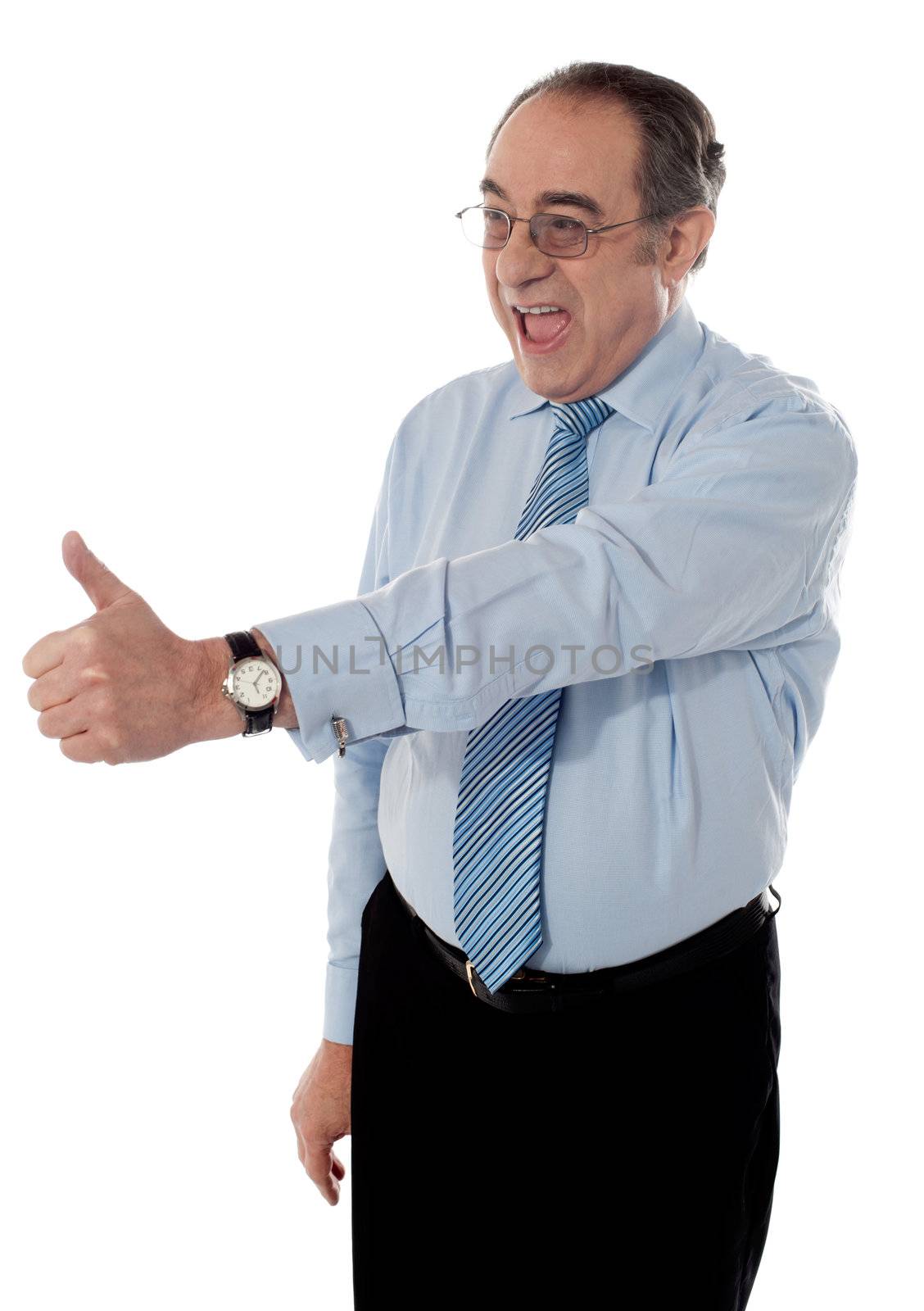 Successful entrepreneur showing thumbs-up isolated on white