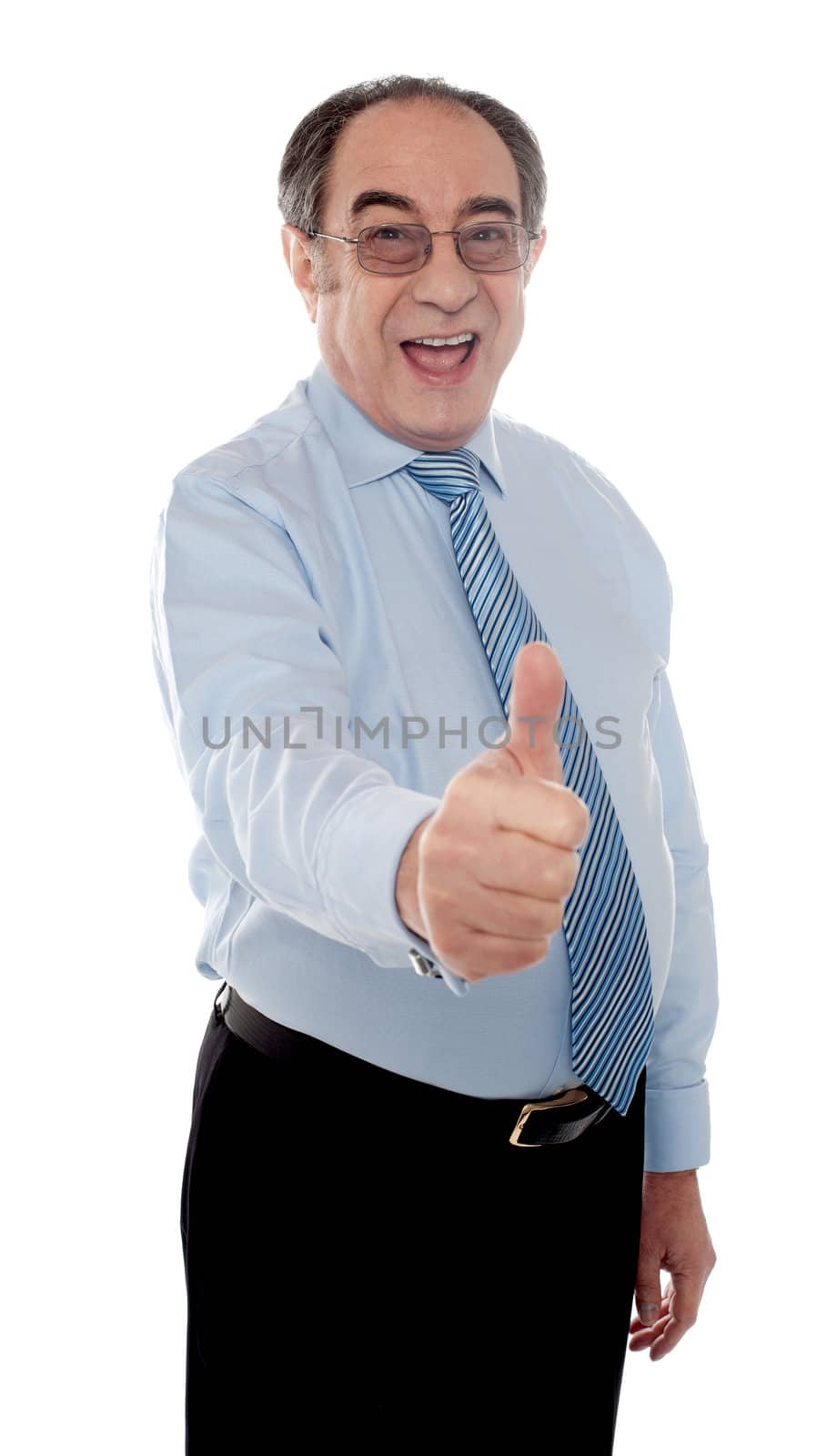 Handsome senior manager gesturing thumbs-up at you against white background