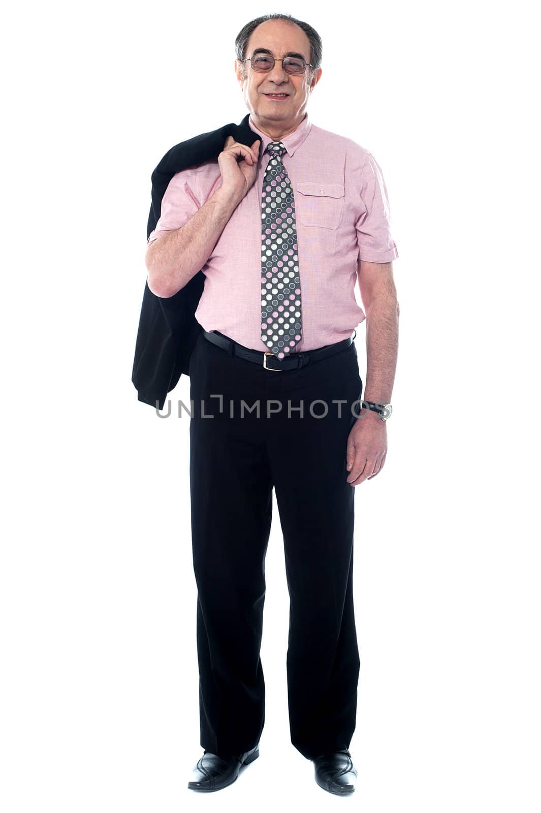 Portait of a professional businessman holding his coat isolated against white background