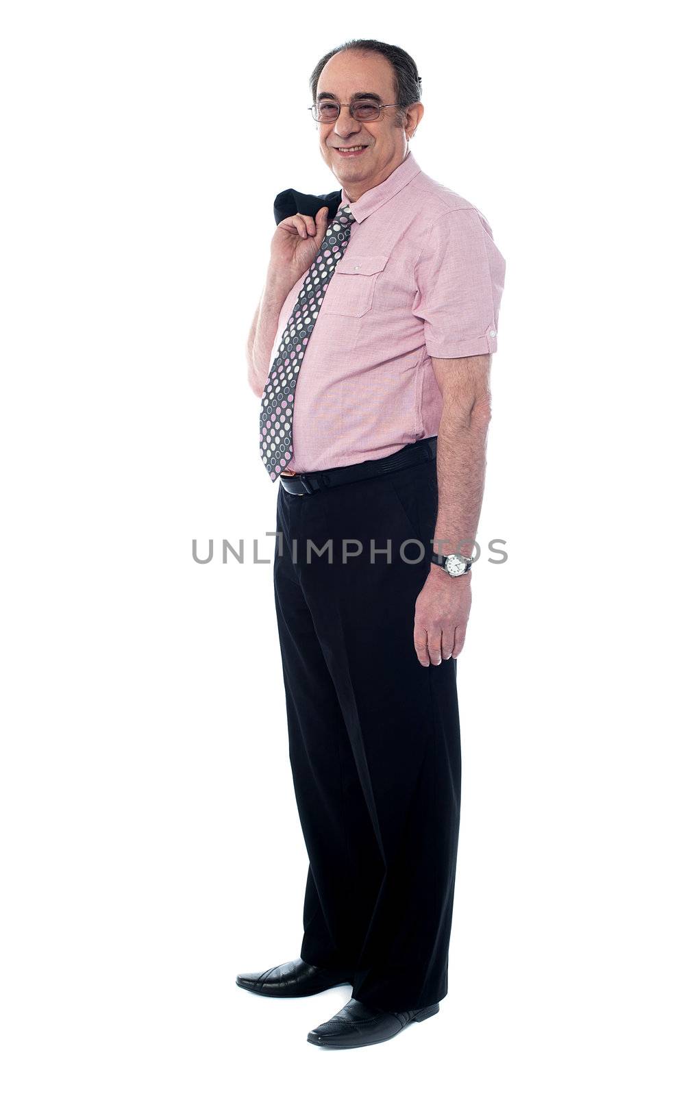 Portait of a professional businessman holding his coat isolated on white