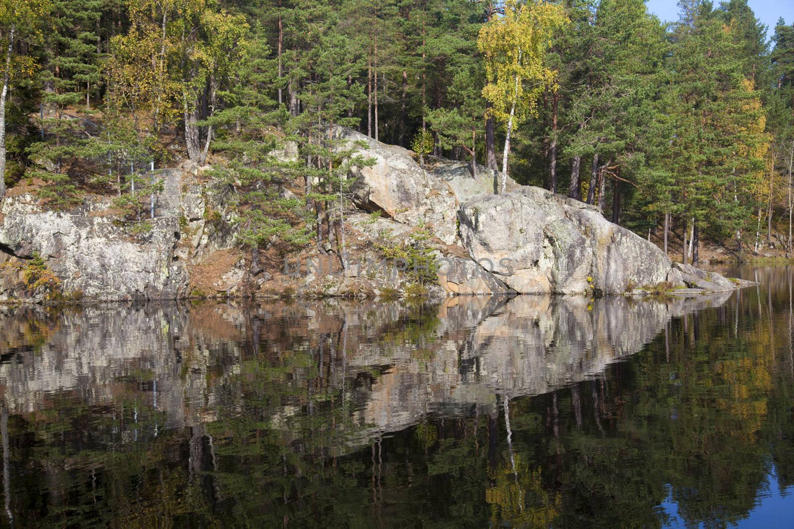 Lake with reflections of trees in Norway