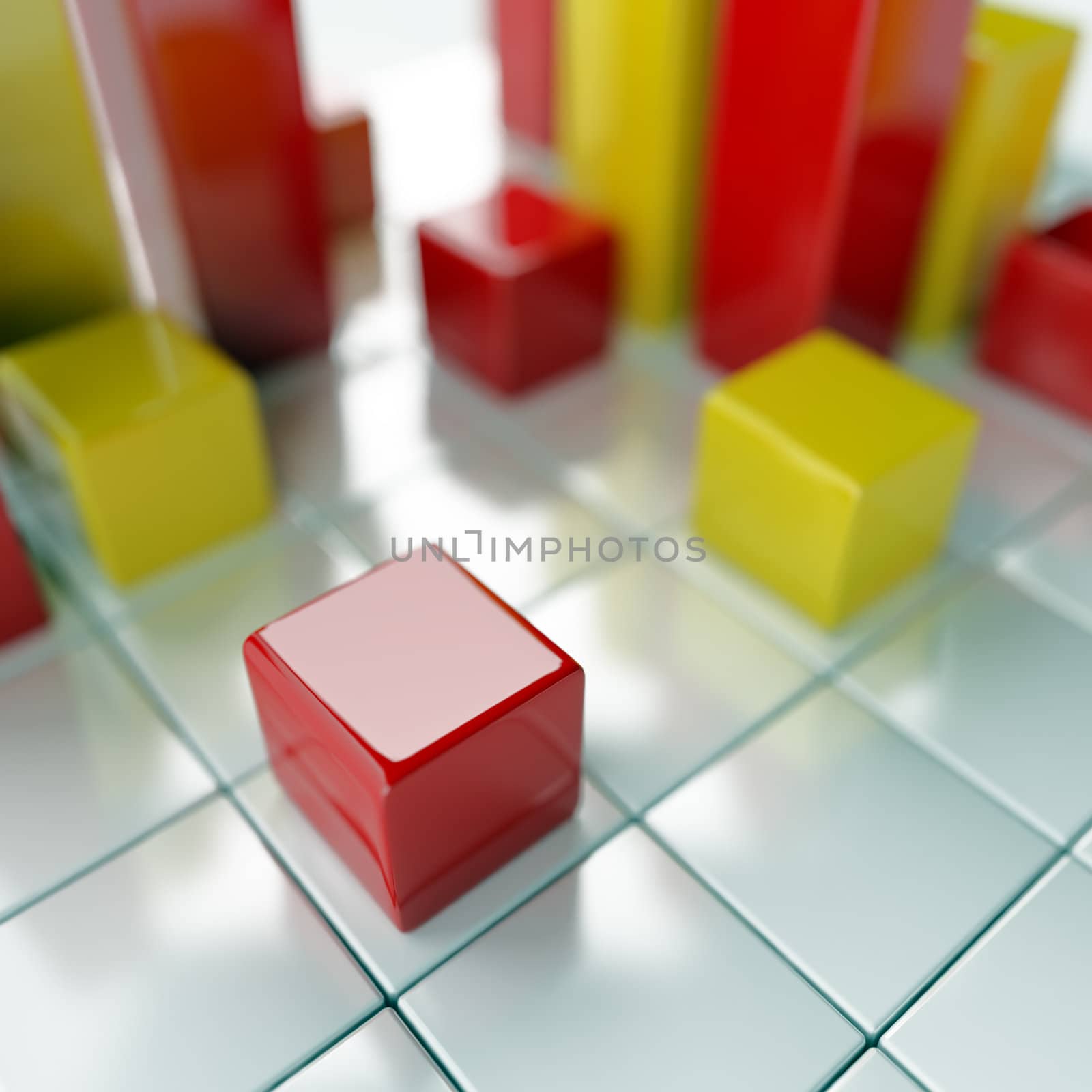 Abstract red and yellow metallic cubes on a white