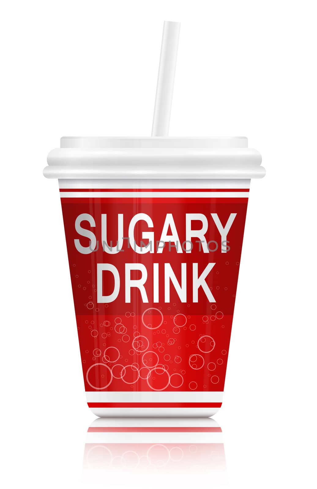 Illustration depicting a single red fast food drink containers with a sugar concept. Arranged over white.