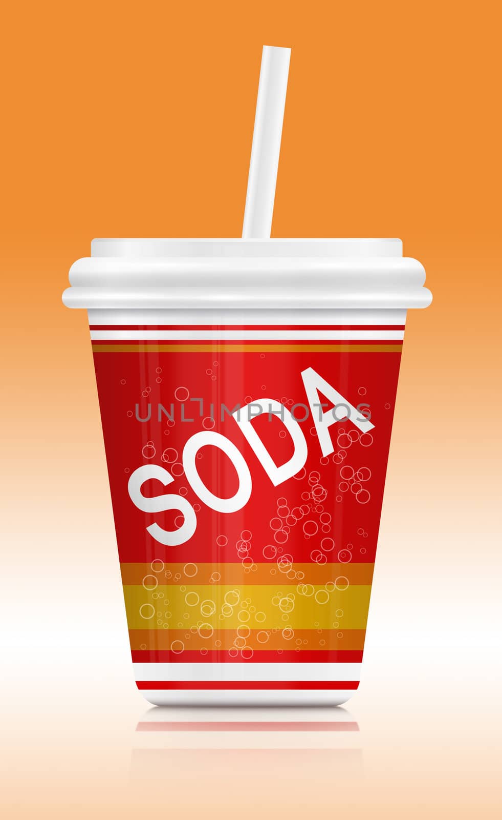 Illustration depicting a fast food soda drink container. Arranged over orange to white gradient.