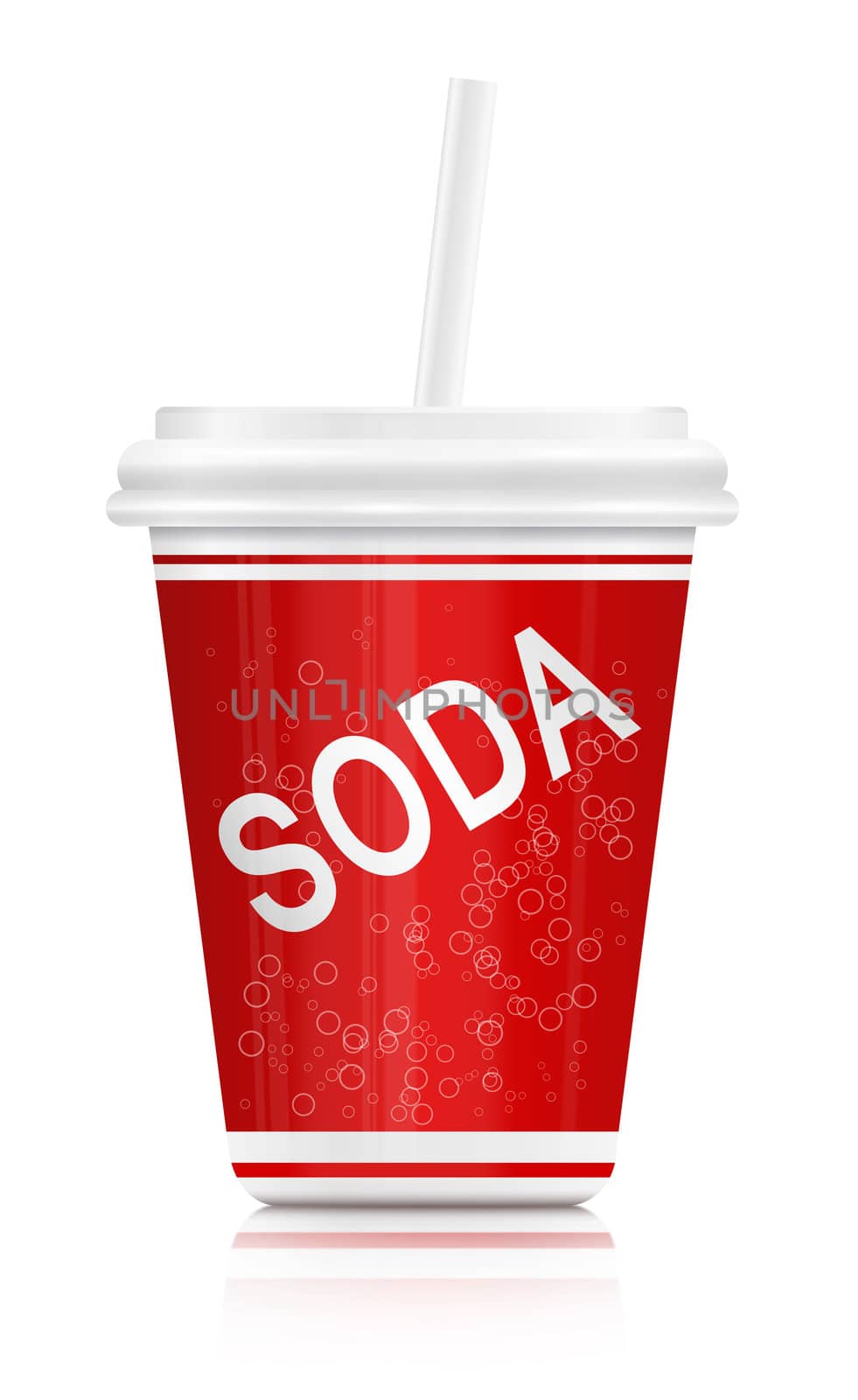 Illustration depicting a red and white fast food soda drink container. Arranged over white.