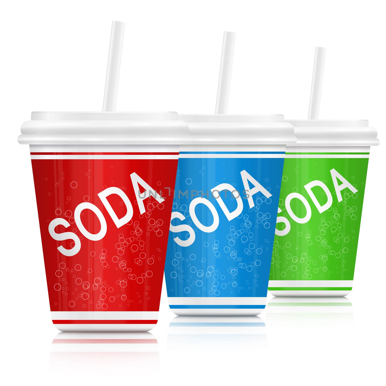 Illustration depicting three fast food soda drink containers. Arranged over white.