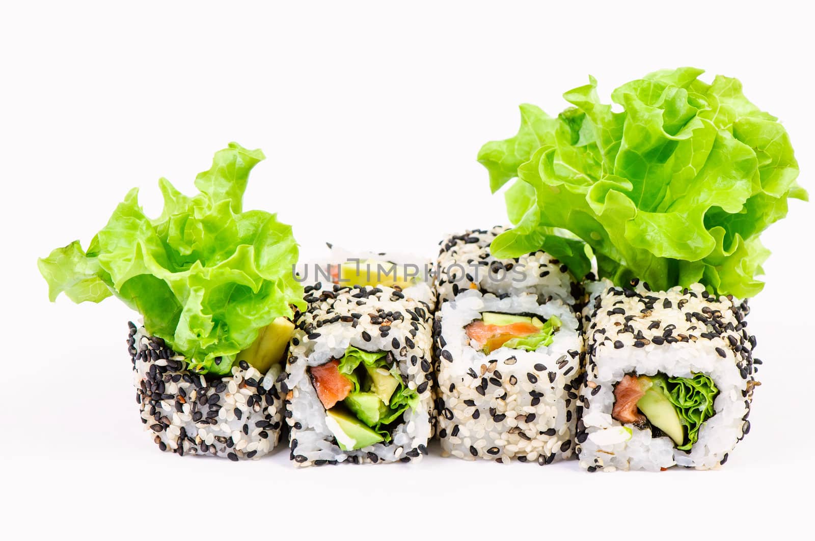 Sushi set with leawes salad on white background