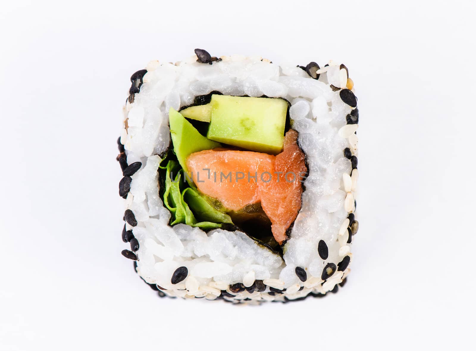 Sushi with avocado on white background