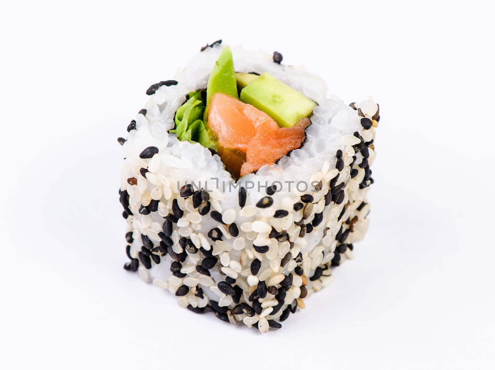 Sushi with avocado on white background