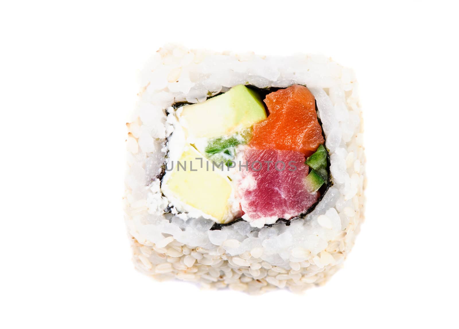Sushi with avocado and fish on white background isolated