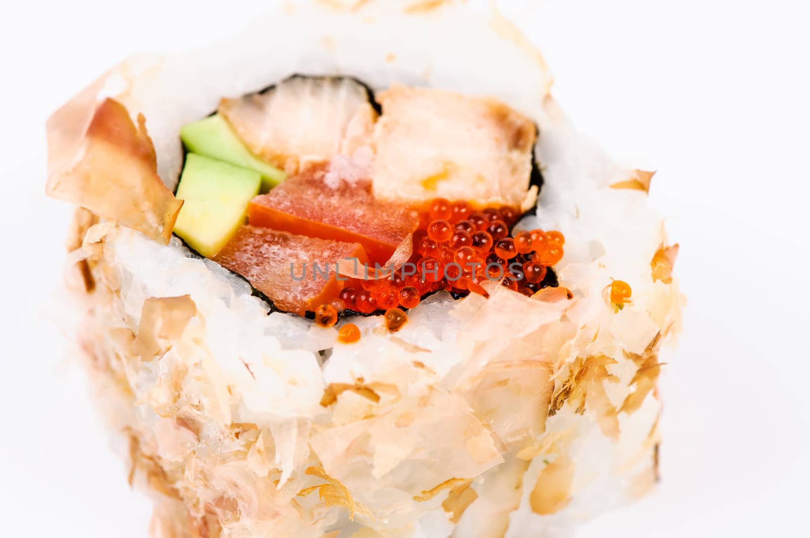 Sushi with avocado, fish and red caviar on white background