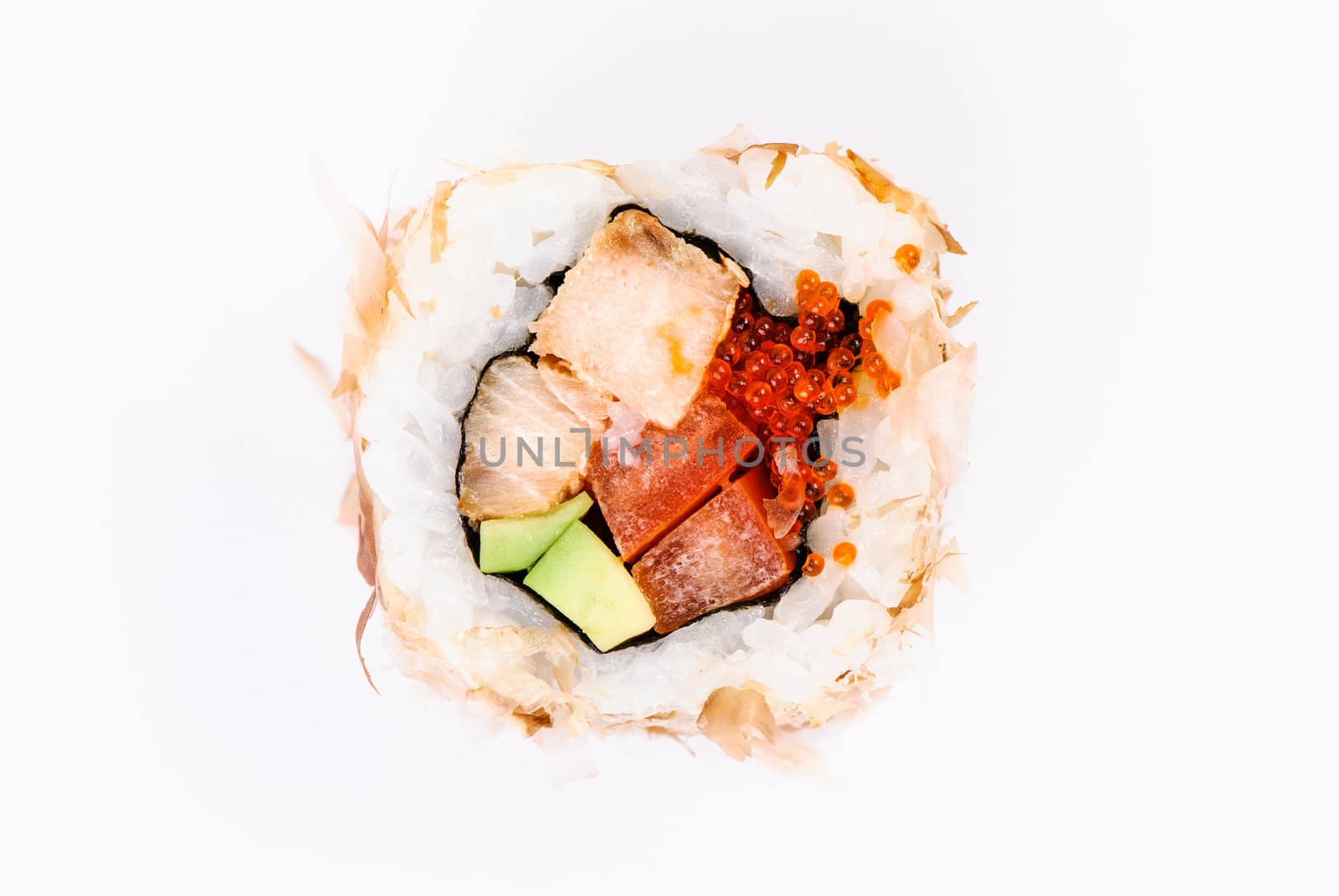 Sushi with avocado, fish and red caviar on white background