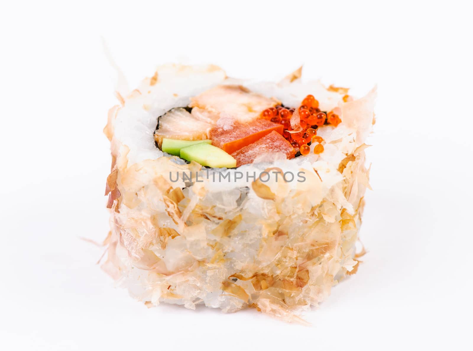 Sushi with avocado, fish and red caviar on white background