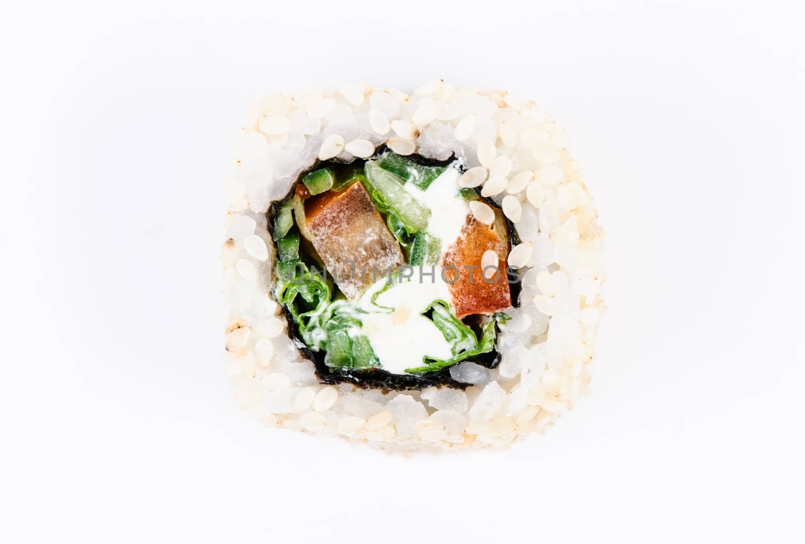 Sushi with leawes salad and paprika on white background