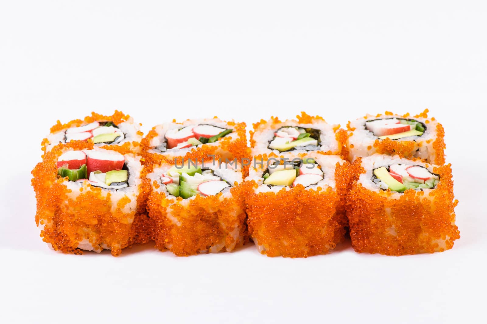 Sushi set with crab meat, avocado and red caviar on white background