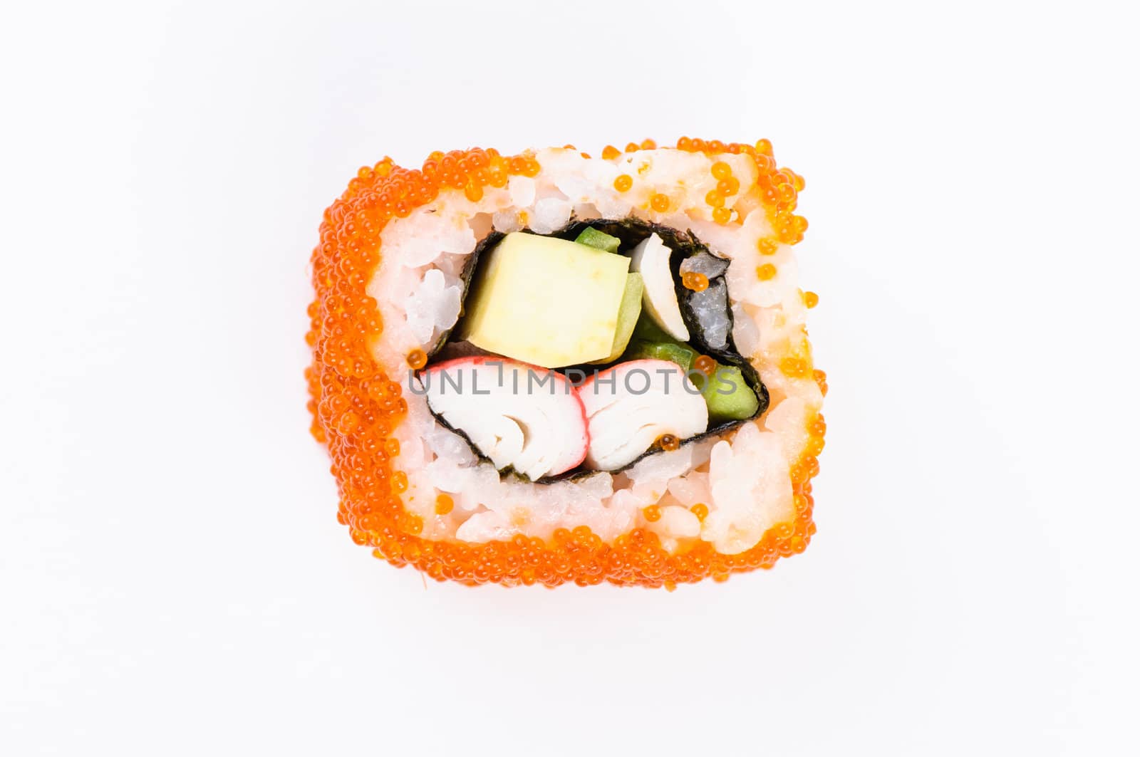 Sushi with crab meat, avocado and red caviar on white background