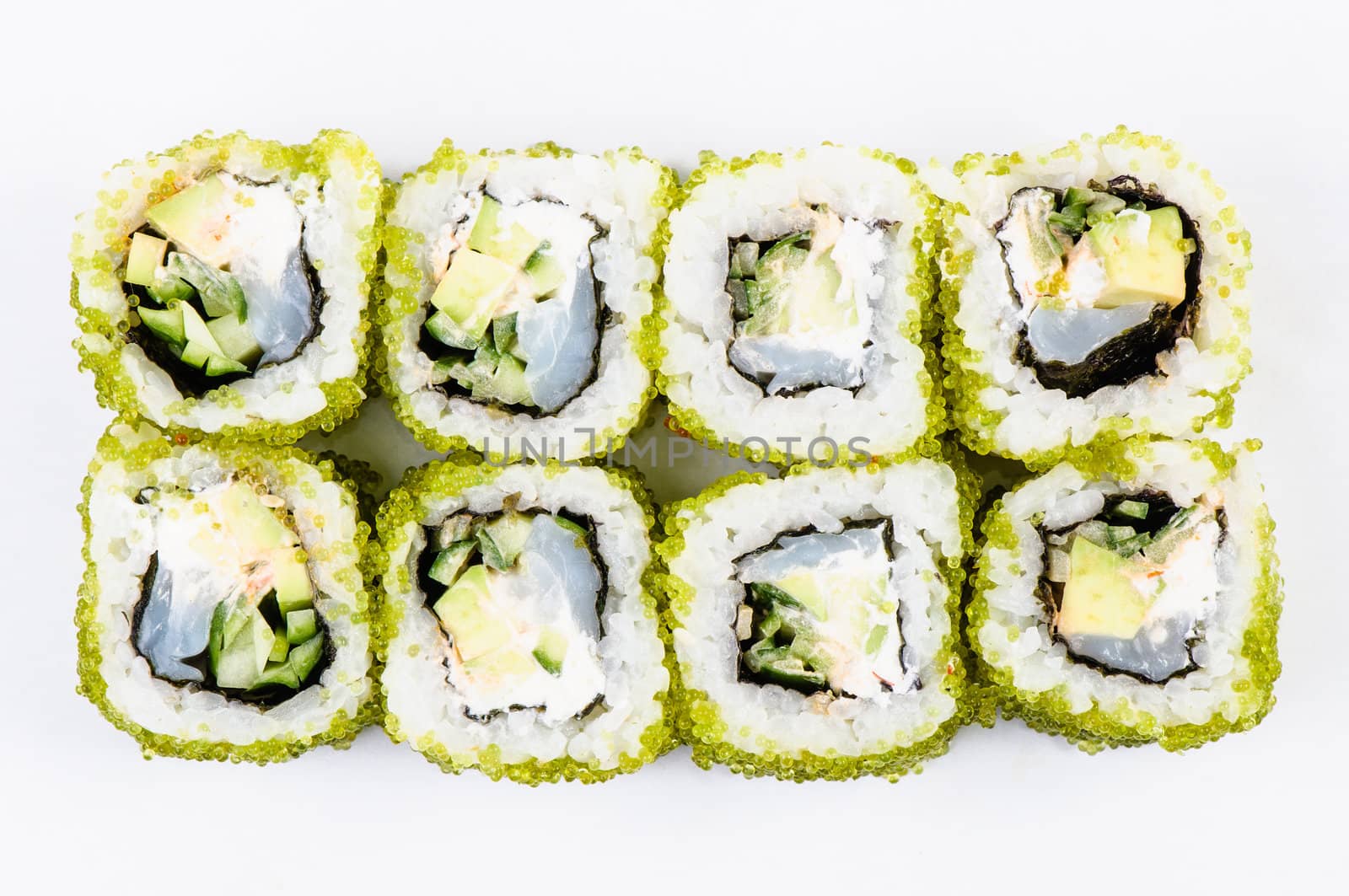 Sushi set with fish and green caviar on white background
