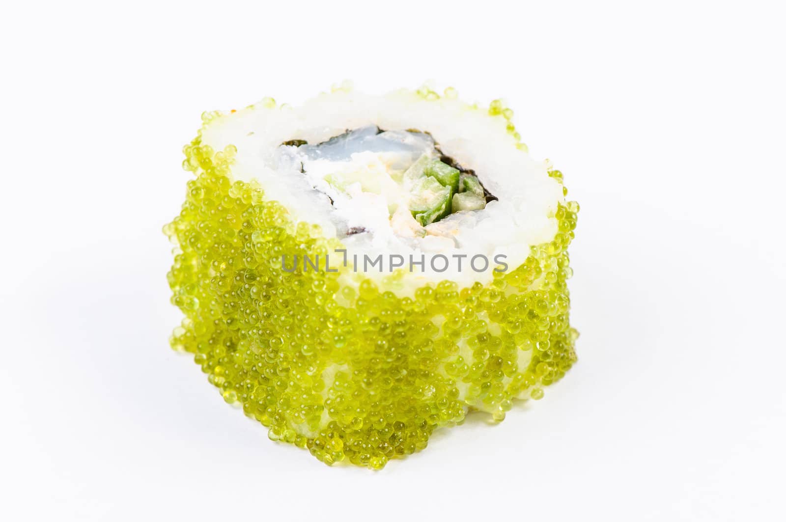 Sushi with fish and green caviar on white background