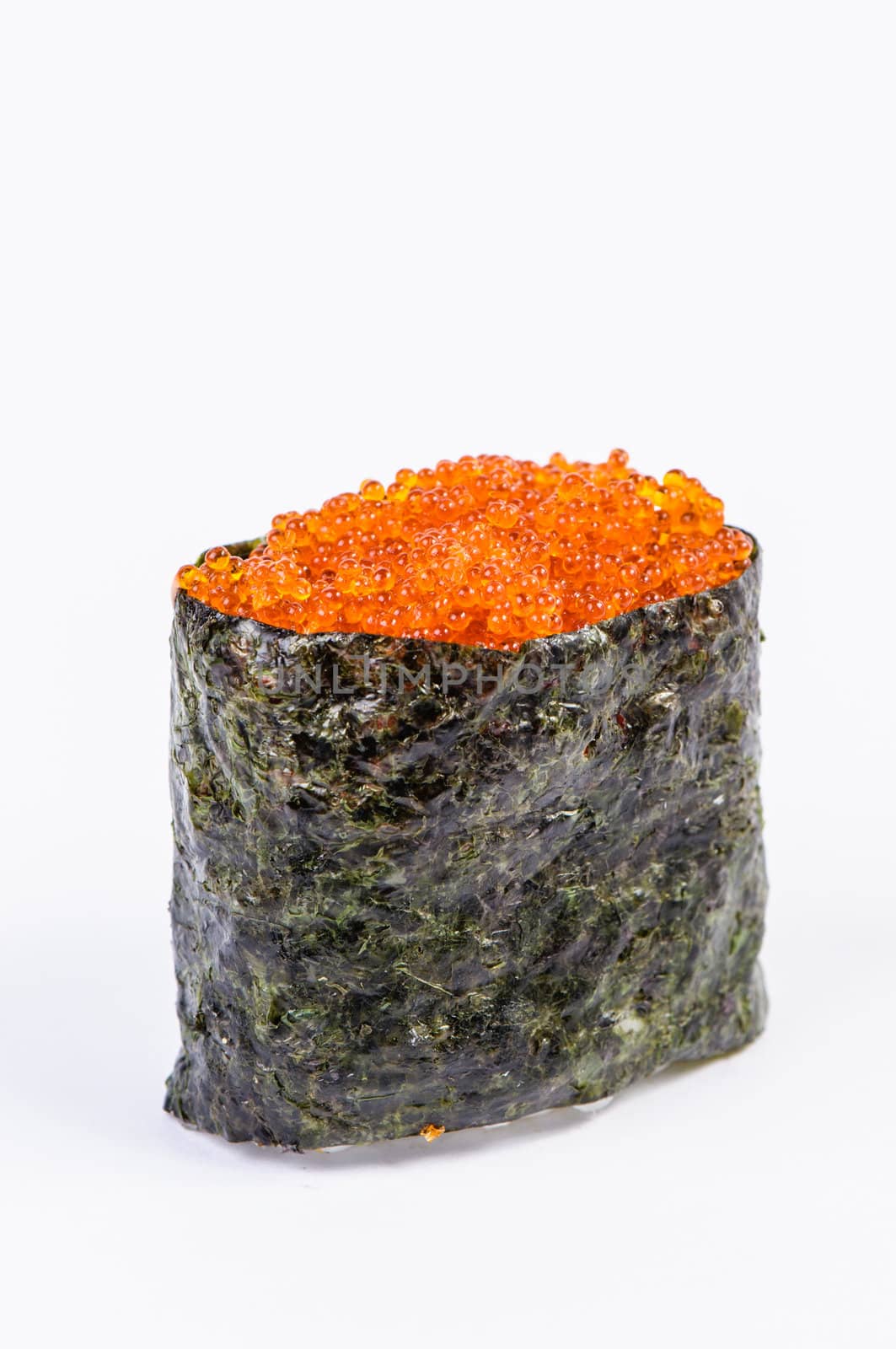Tobiko Gunkan Sushi with Fish Roe on white background