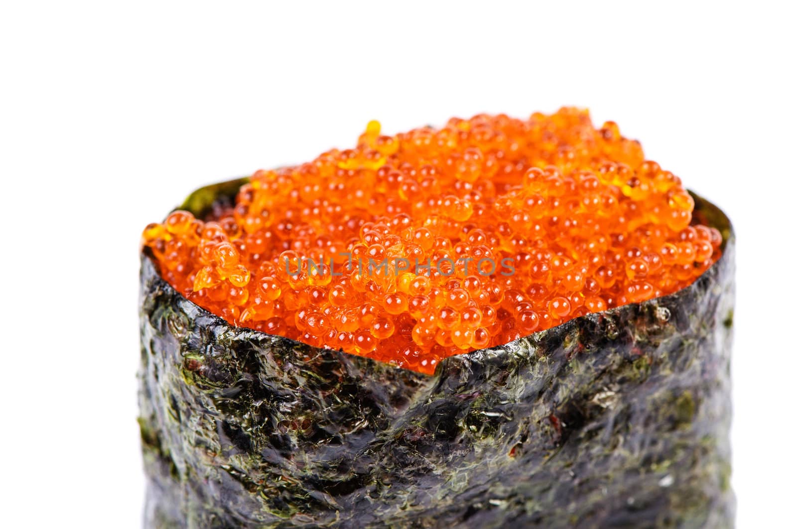 Tobiko Gunkan Sushi with Fish Roe on white background isolated