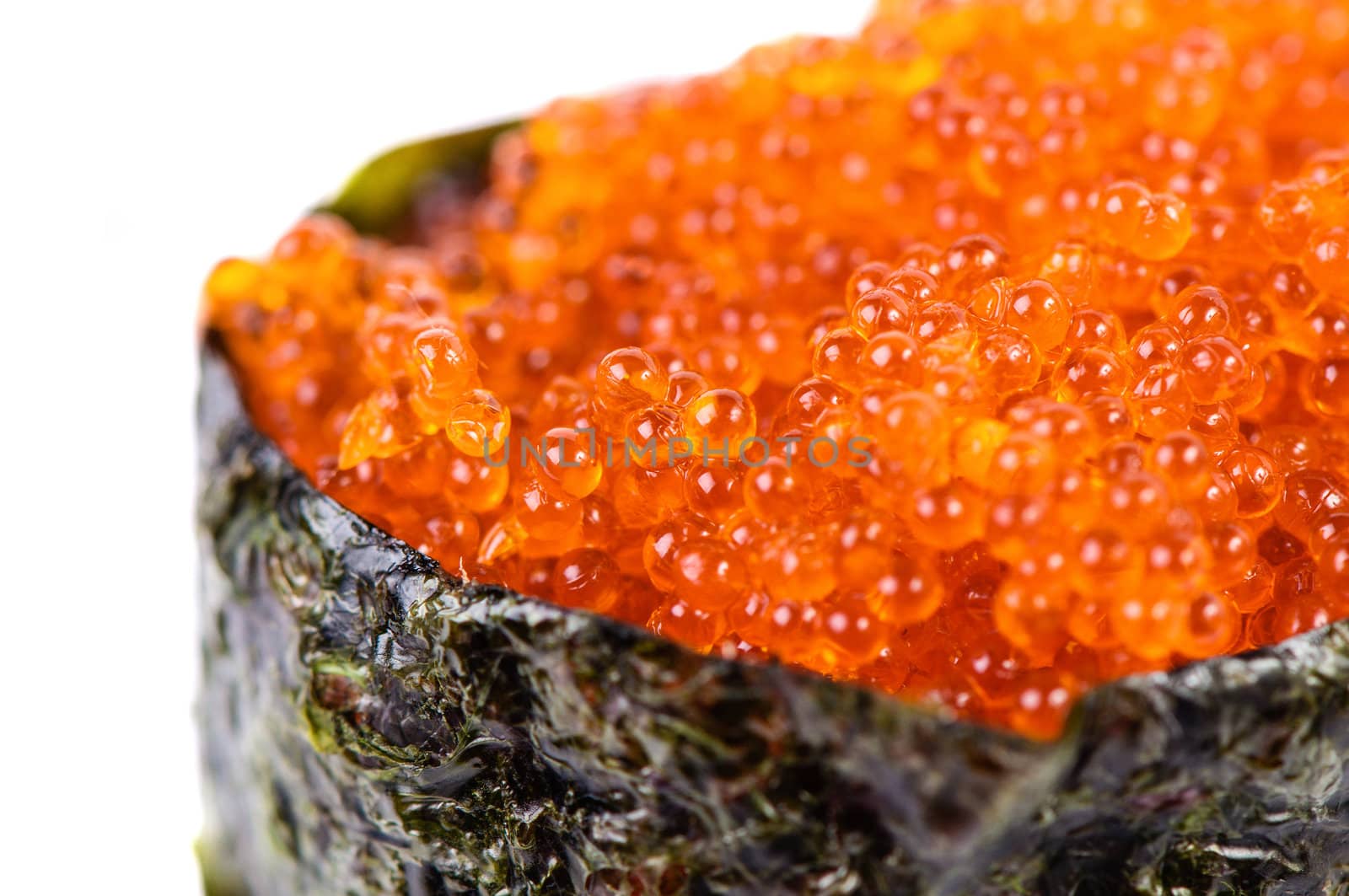 Tobiko Gunkan Sushi with Fish Roe on white background isolated