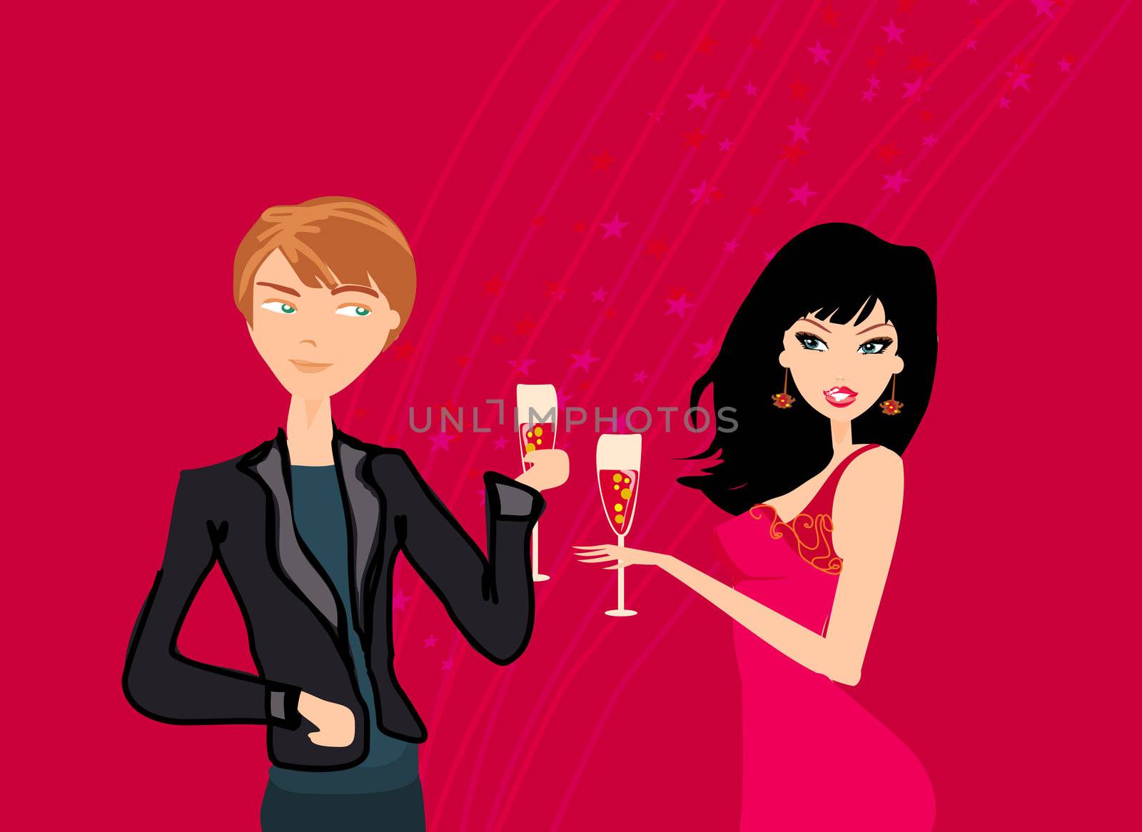 Young couple flirt and drink champagne