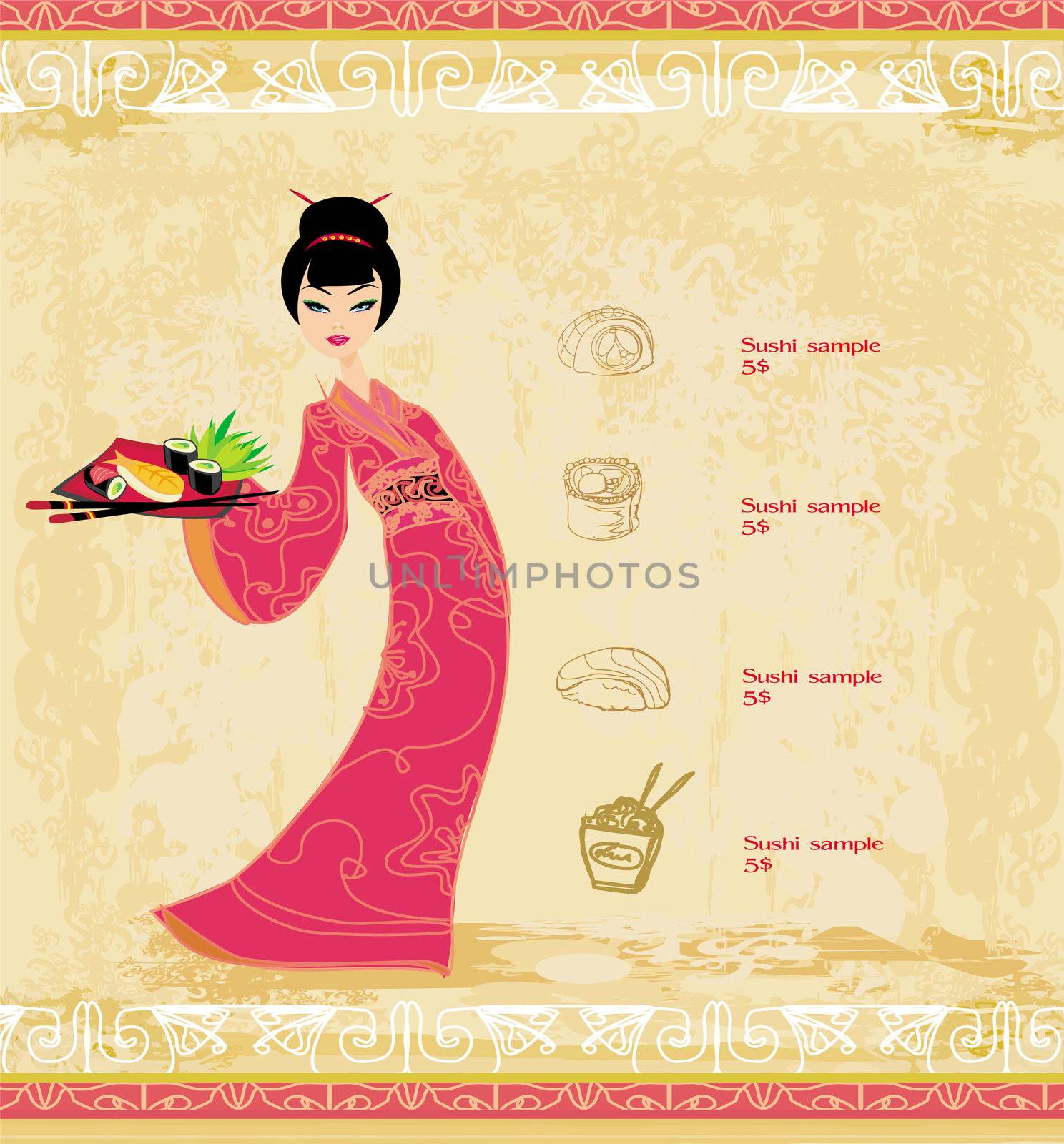 beautiful Asian girl enjoy sushi - menu template