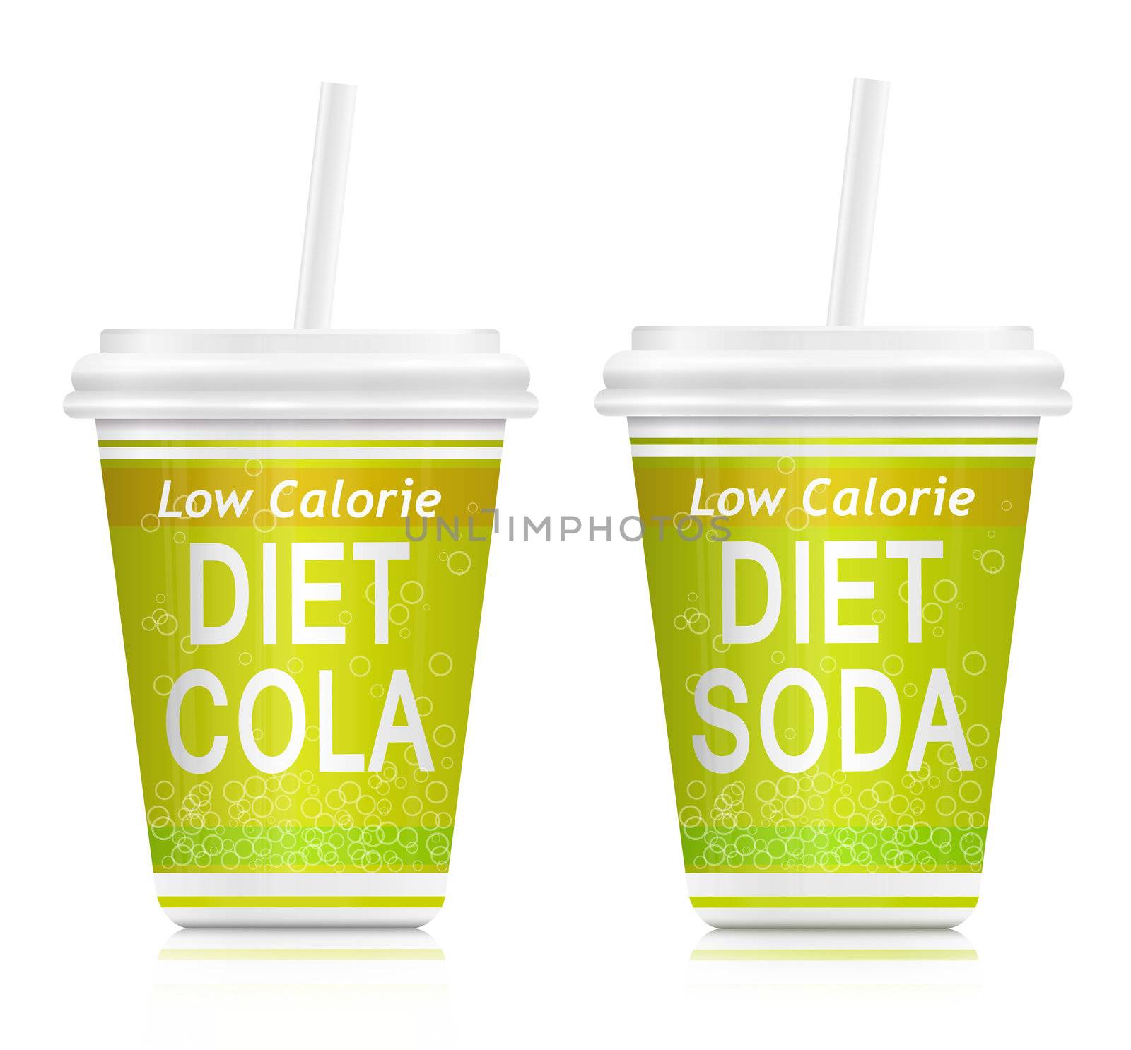 Illustration depicting two fast food diet drink containers. Arranged over white.