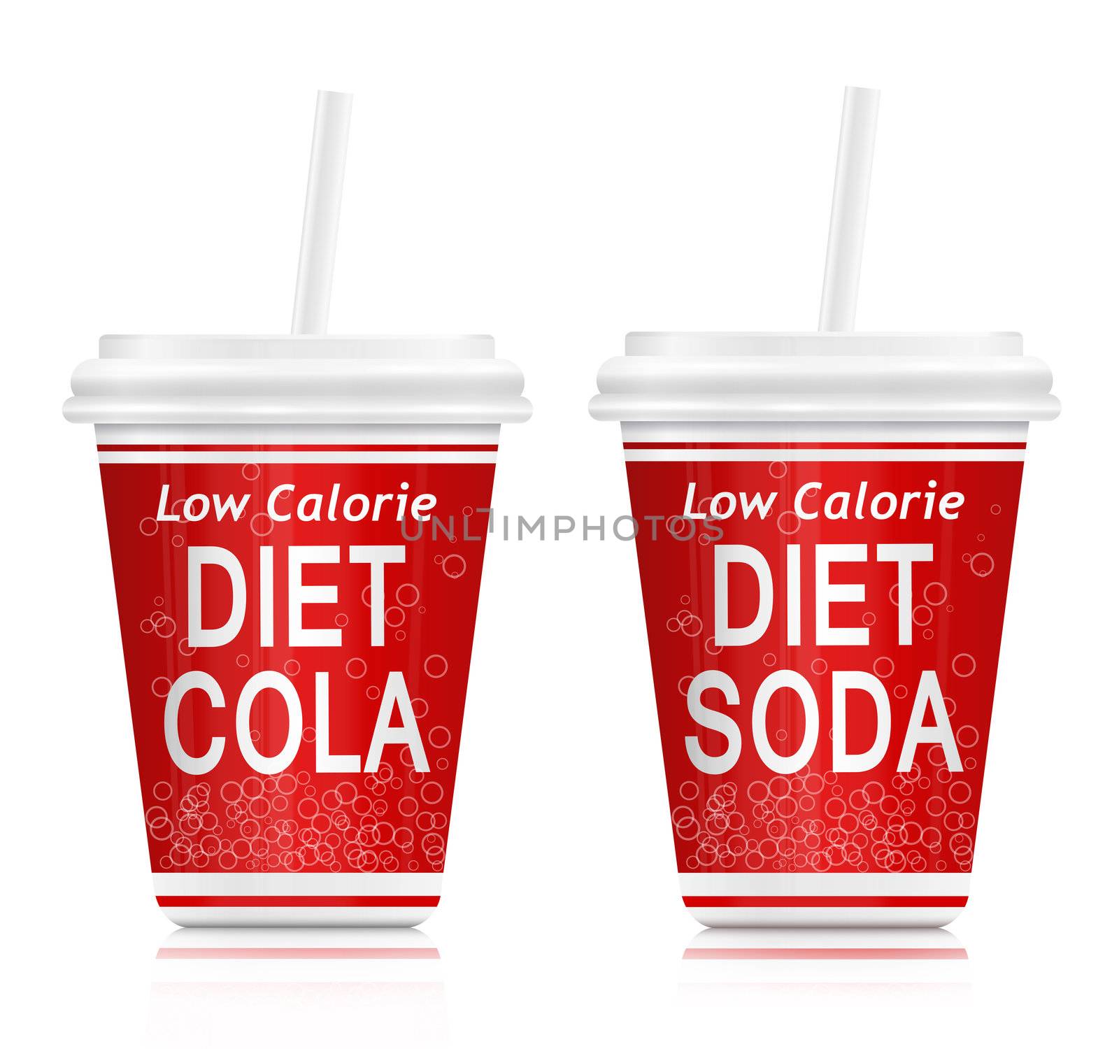 Illustration depicting two fast food diet drink containers. Arranged over white.