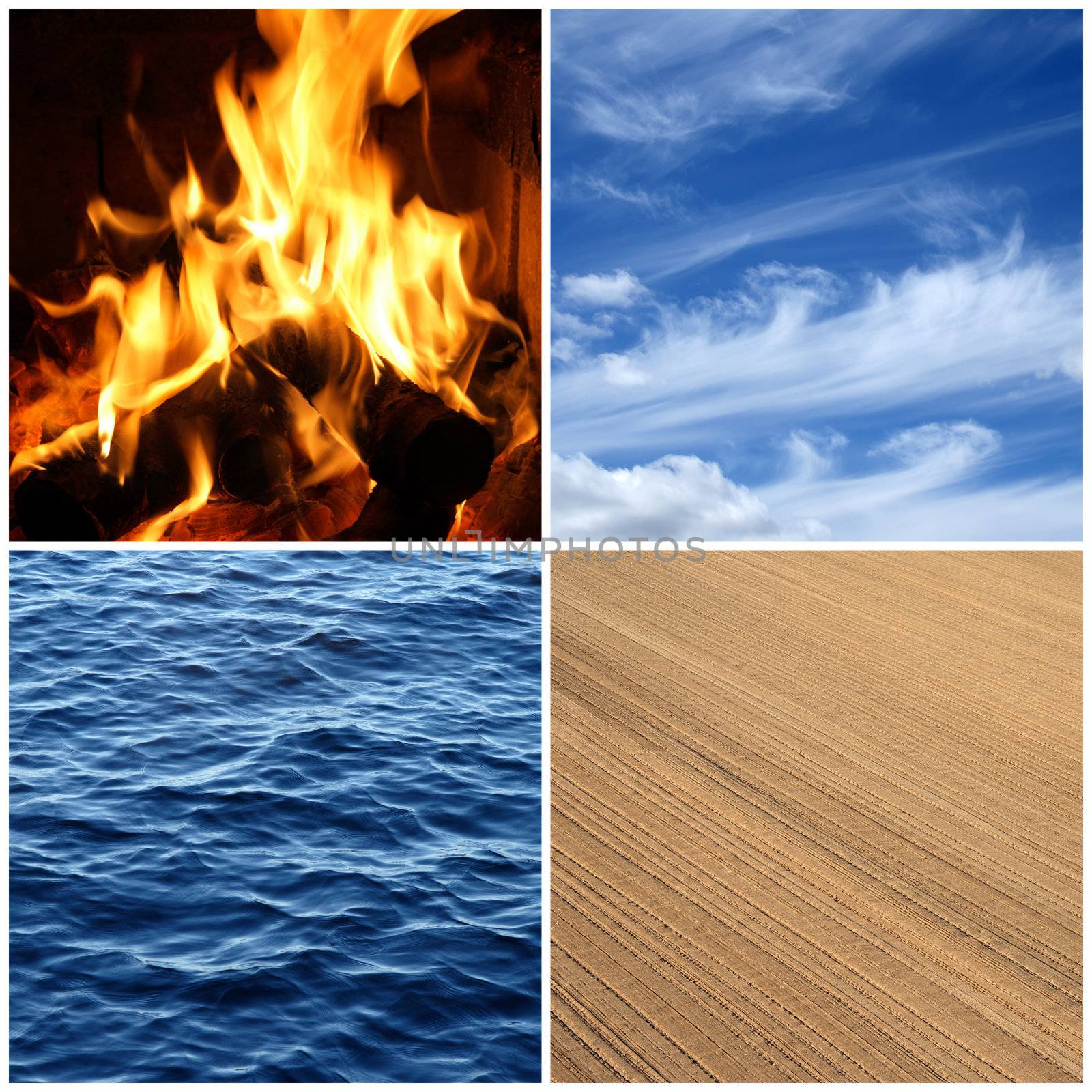 Four elements of nature. Fire, water, air and earth.