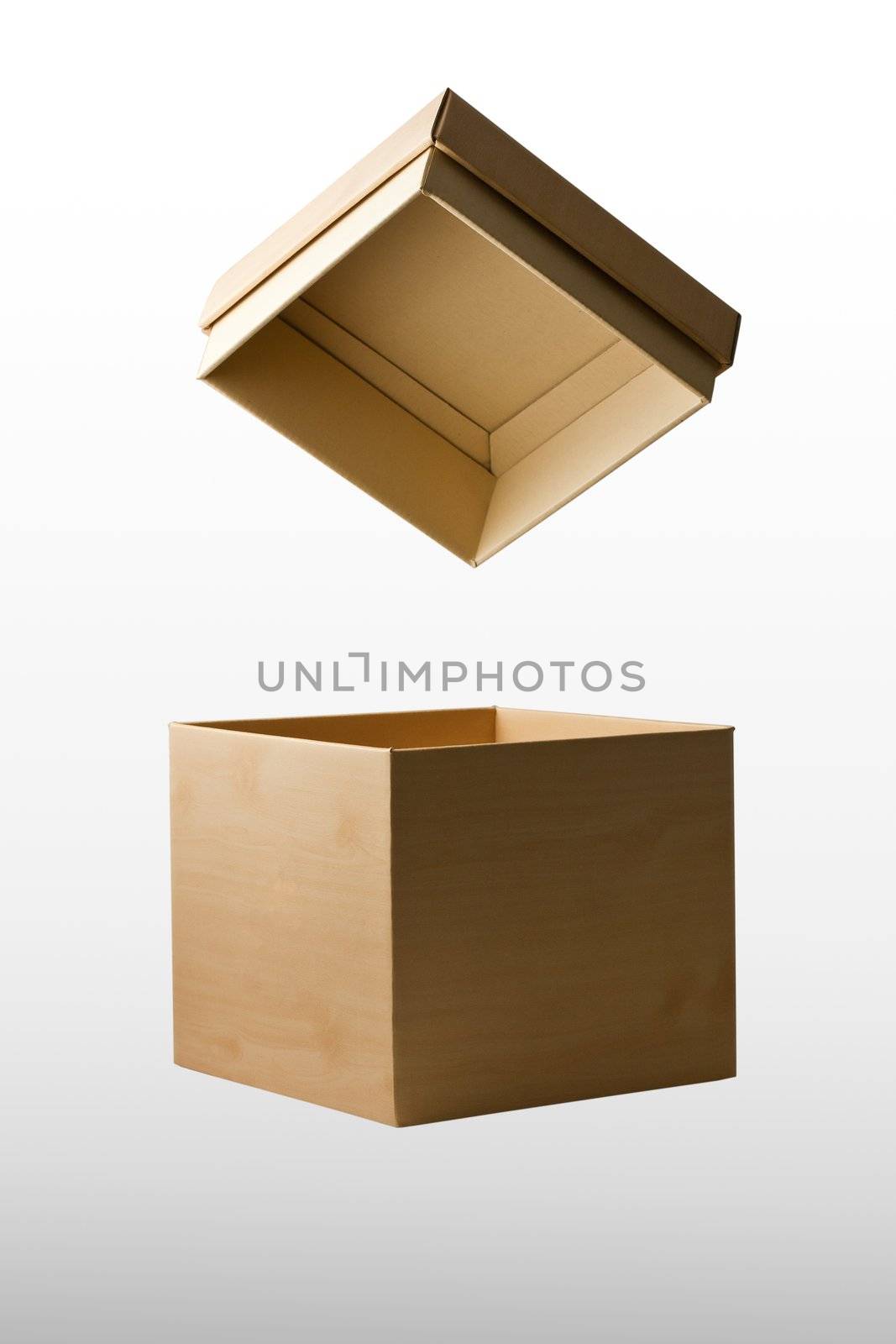 Open cardboard box carton container with reflection isolated on white background by hataboyz