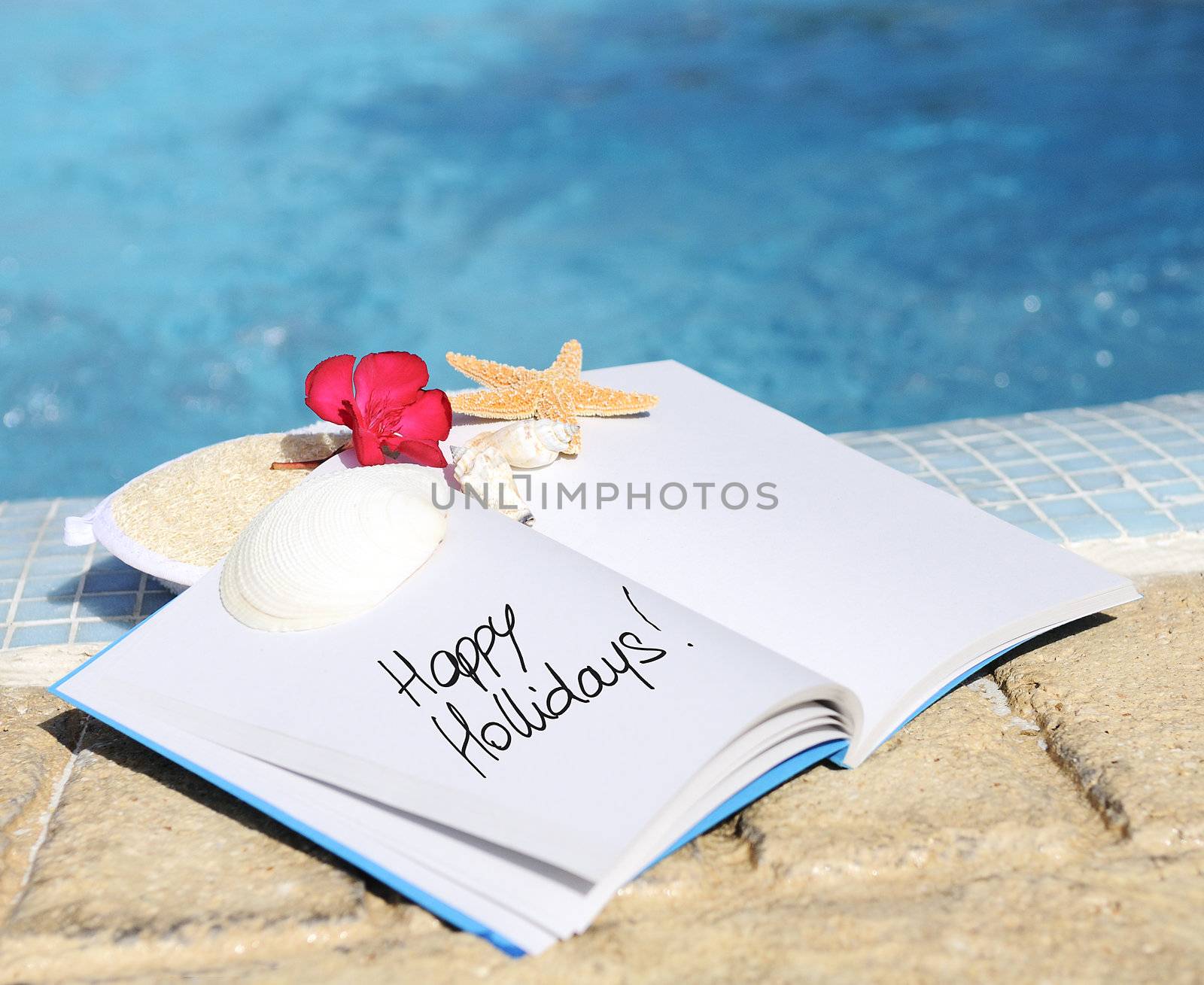 open book with strfish outdoor with swiming pool background