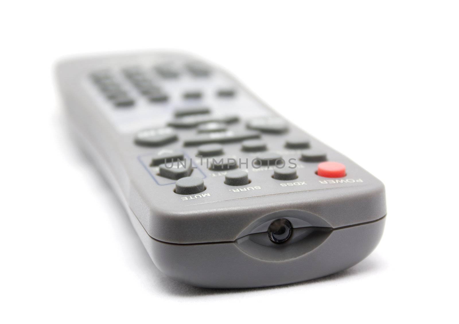 TV remote control isolated on white background. Selective focus limited to front objects.